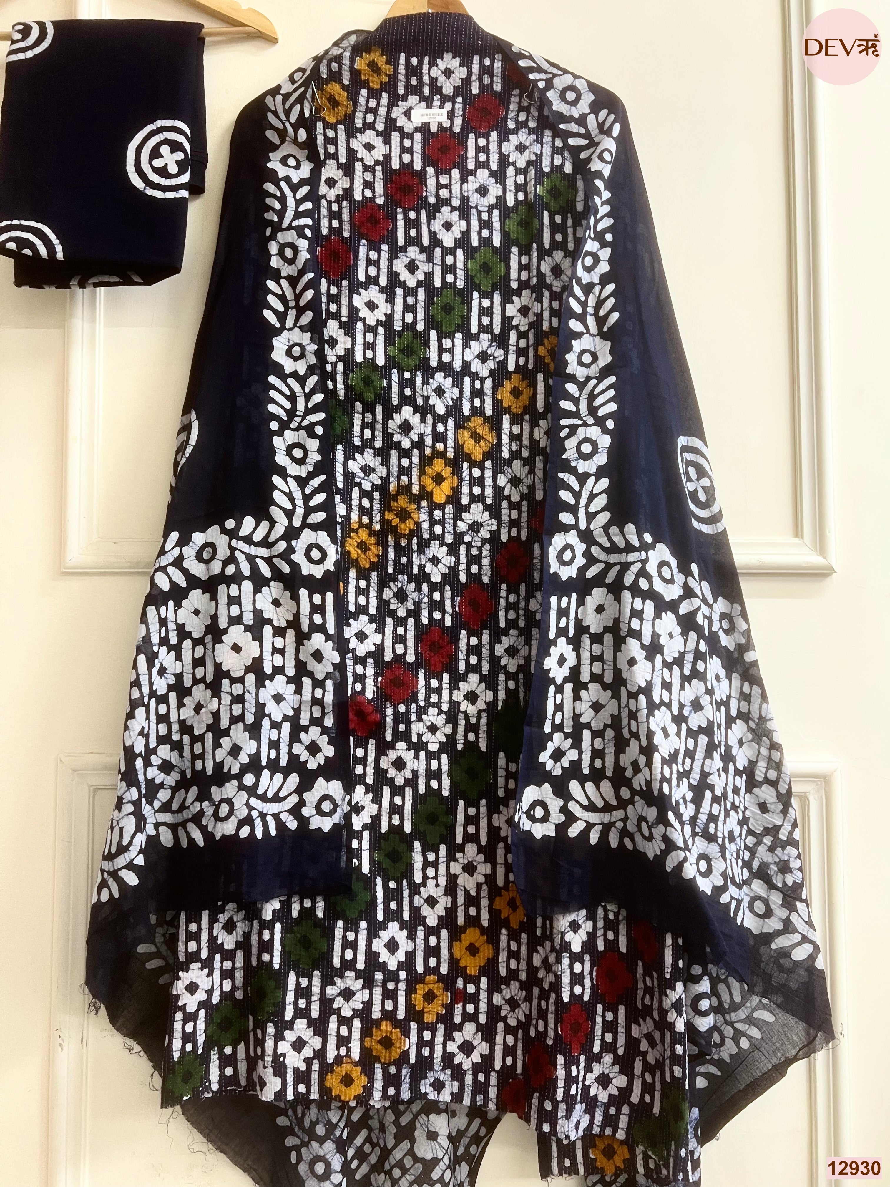 Black Cotton Batik Printed Unstitched 3-Piece Suit (Devri – D.No 12930)