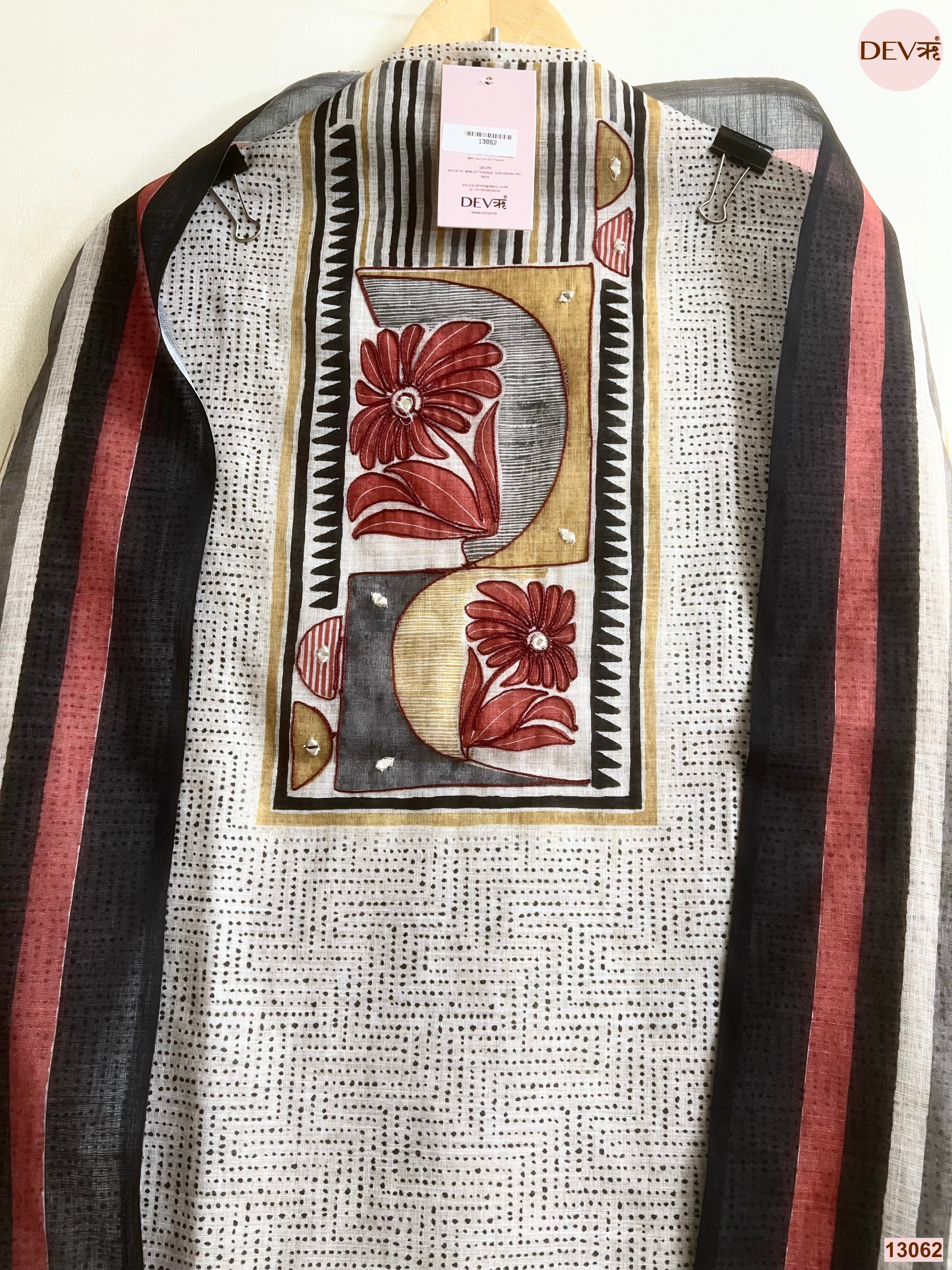 Off White Linen Cotton Printed Unstitched 3-Piece Suit (Devri – D.No 13062)