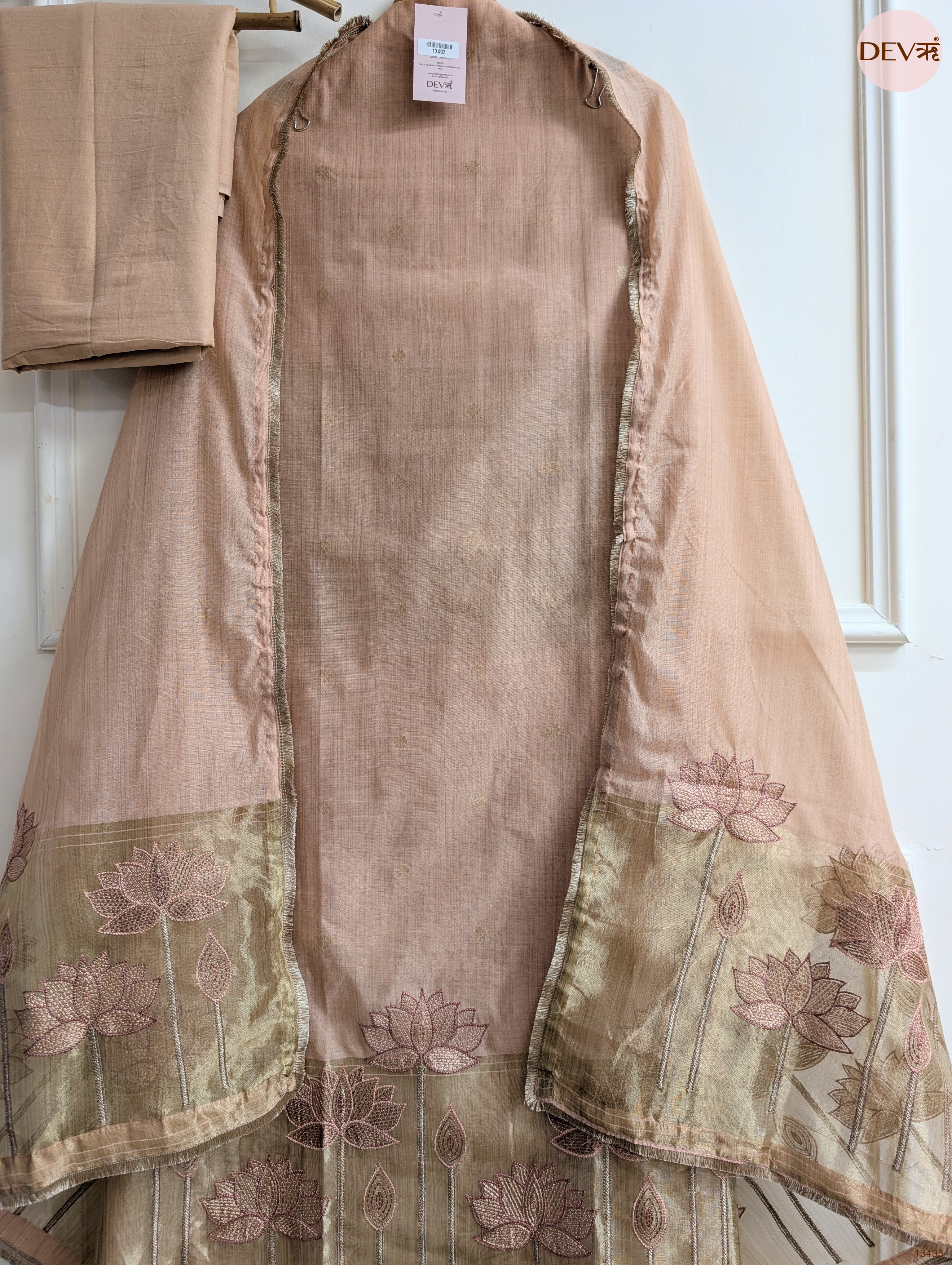 Peach Banarashi Silk Printed Unstitched 3-Piece Suit (Devri – D.No 13493)