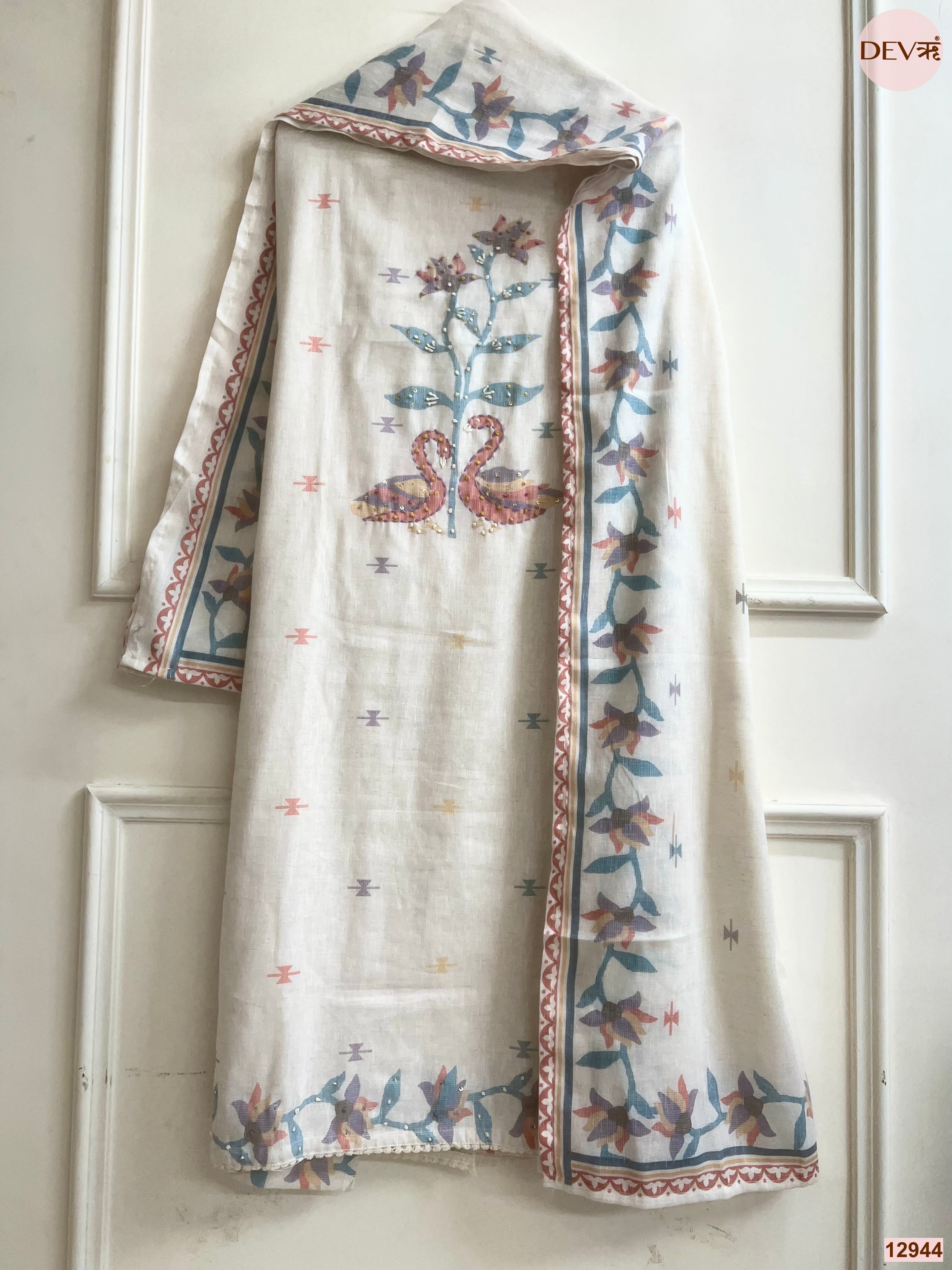 Off White Cotton Khadi Printed Unstitched 3-Piece Suit (Devri – D.No 12944)