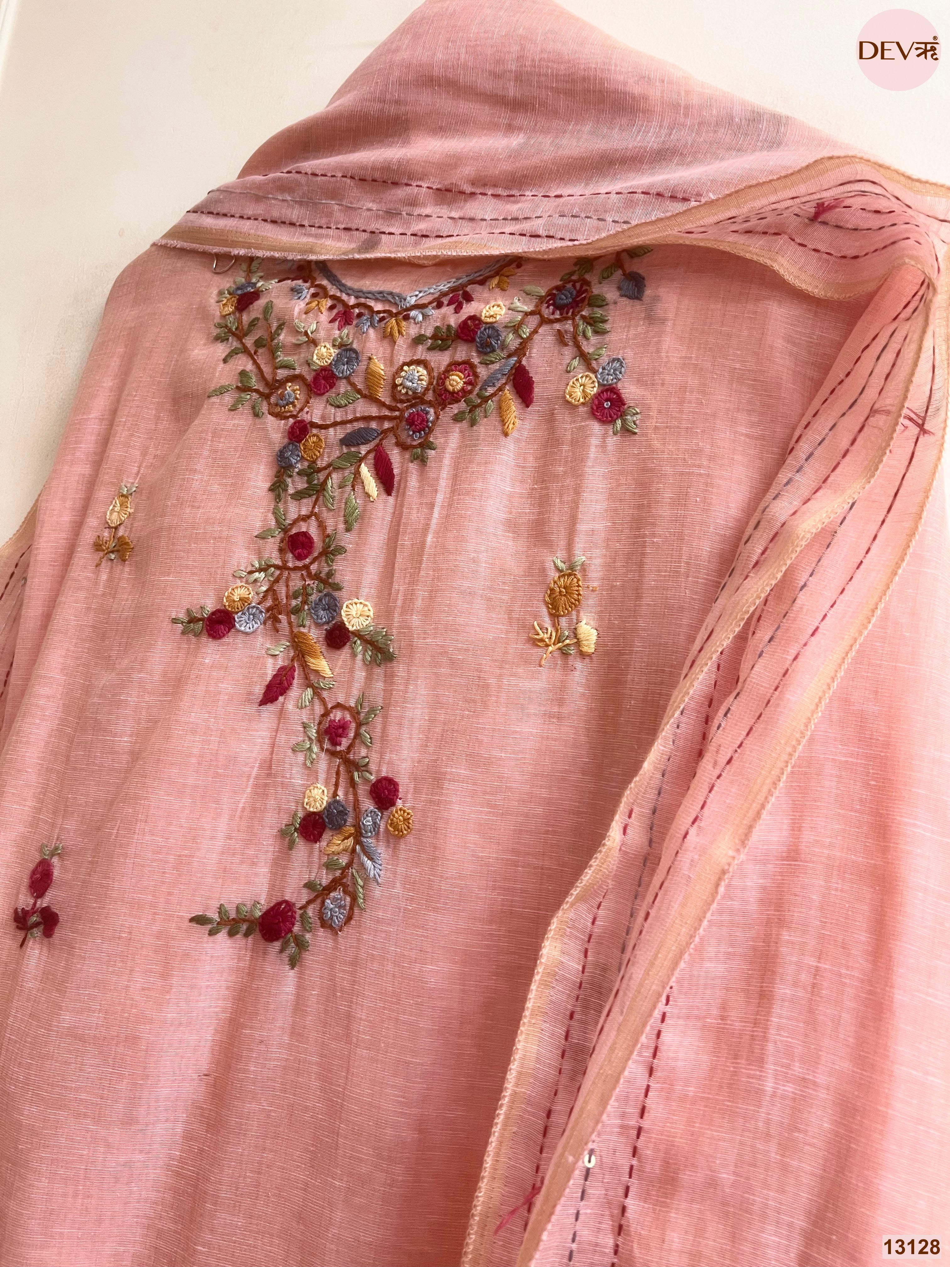 Peach Jamdani Cotton Embroidered Unstitched 3-Piece Suit (Devri – D.No 13128)