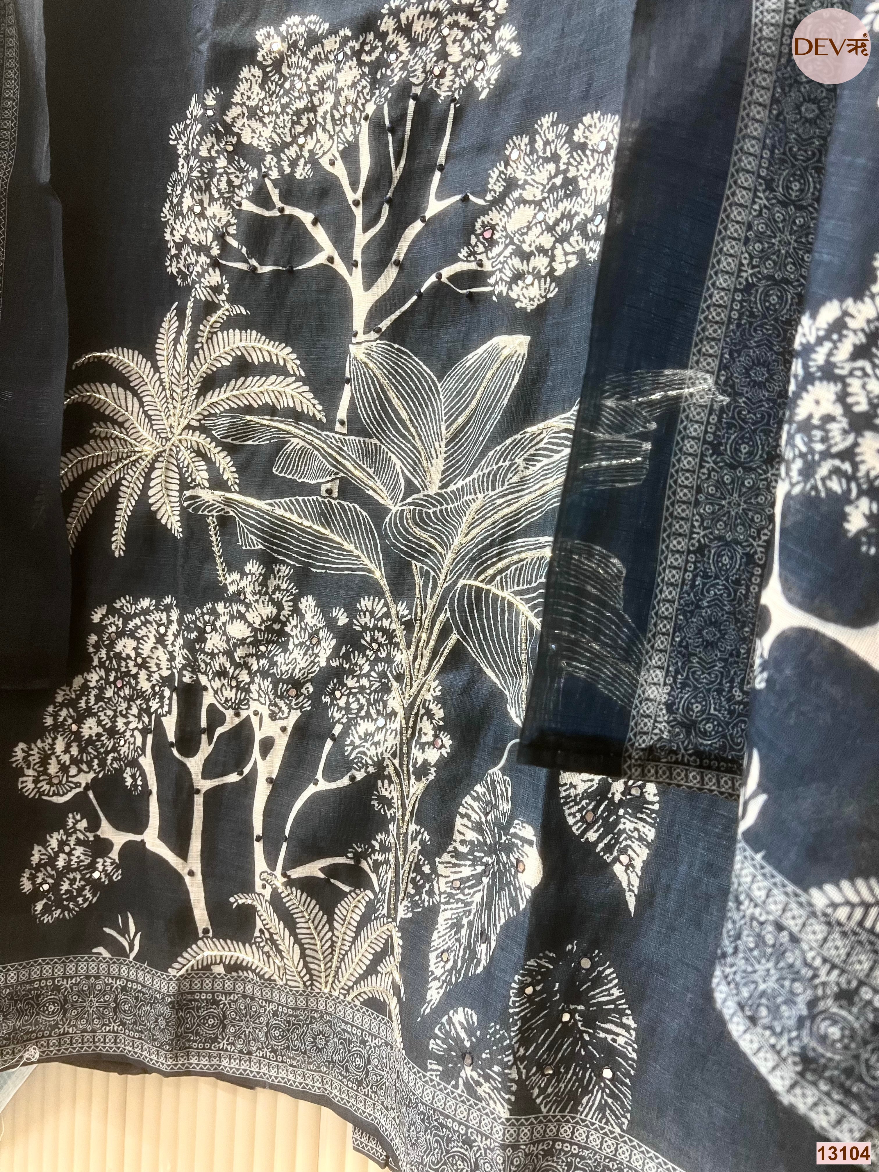 Navy Linen Cotton Printed Unstitched 3-Piece Suit (Devri – D.No 13104)