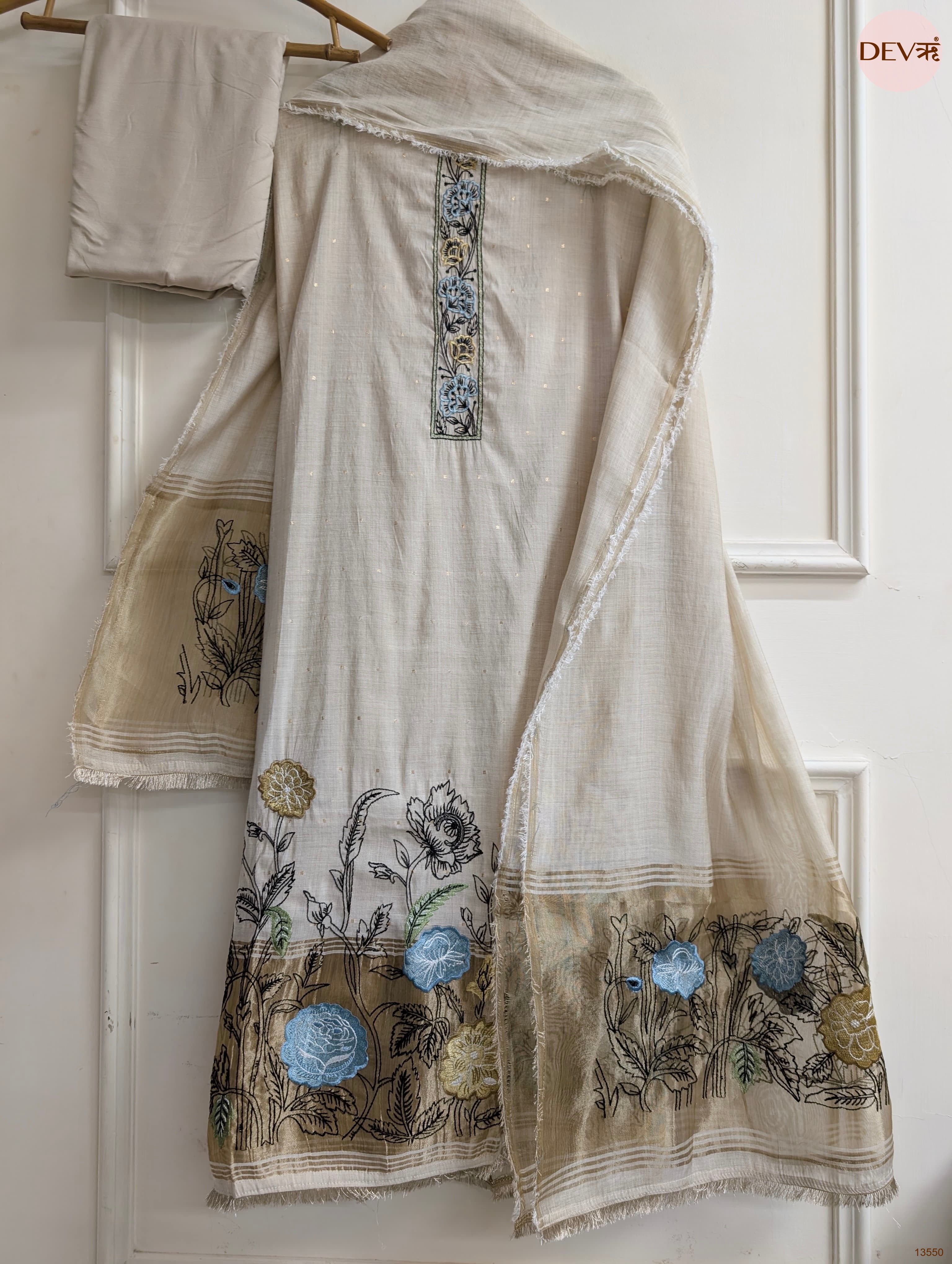 Beige Mul Chanderi Embroidered Unstitched 3-Piece Suit (Devri – D.No 13550)