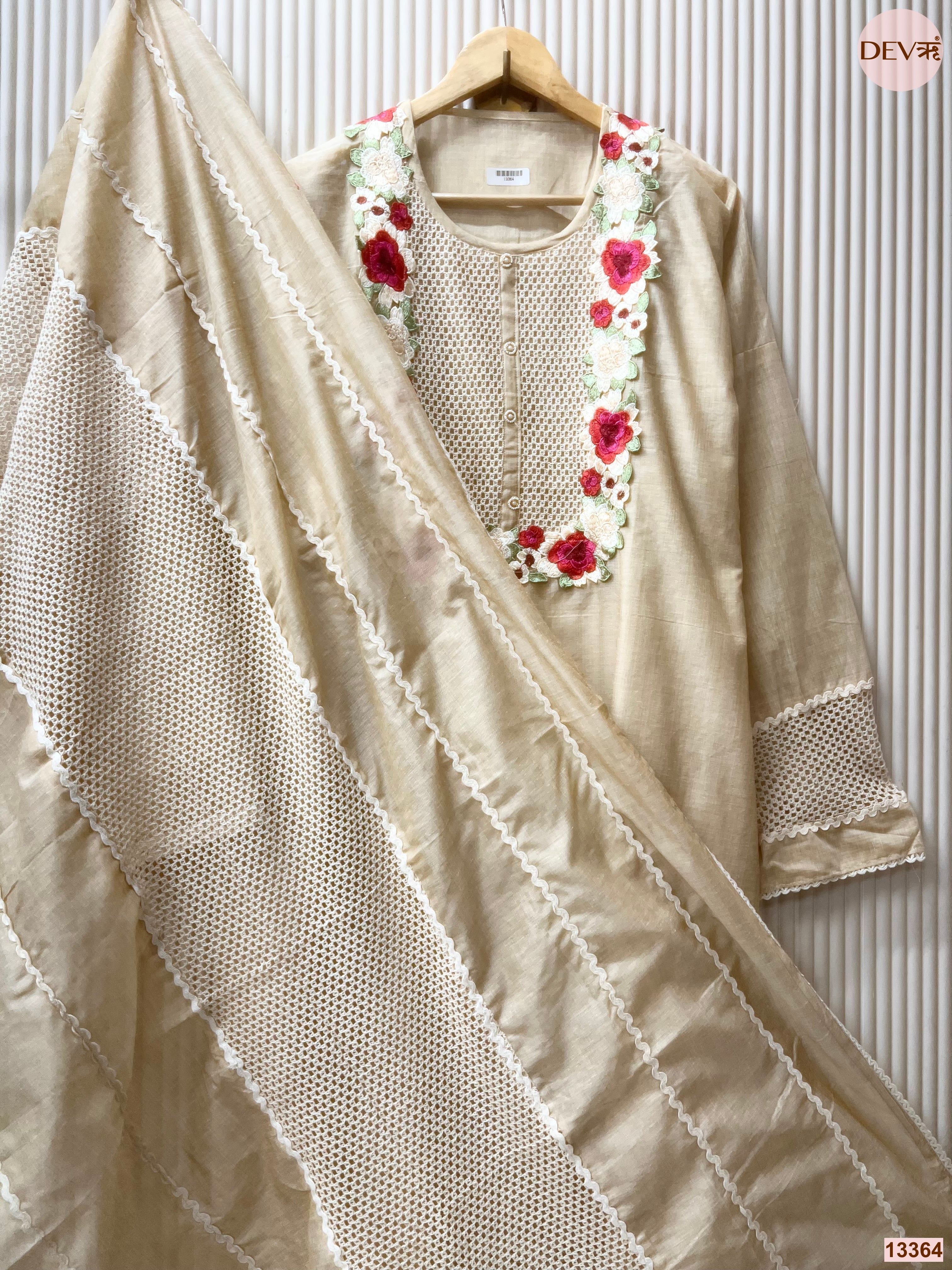 Beige Mul Chanderi Embroidered Unstitched 3-Piece Suit (Devri – D.No 13364)