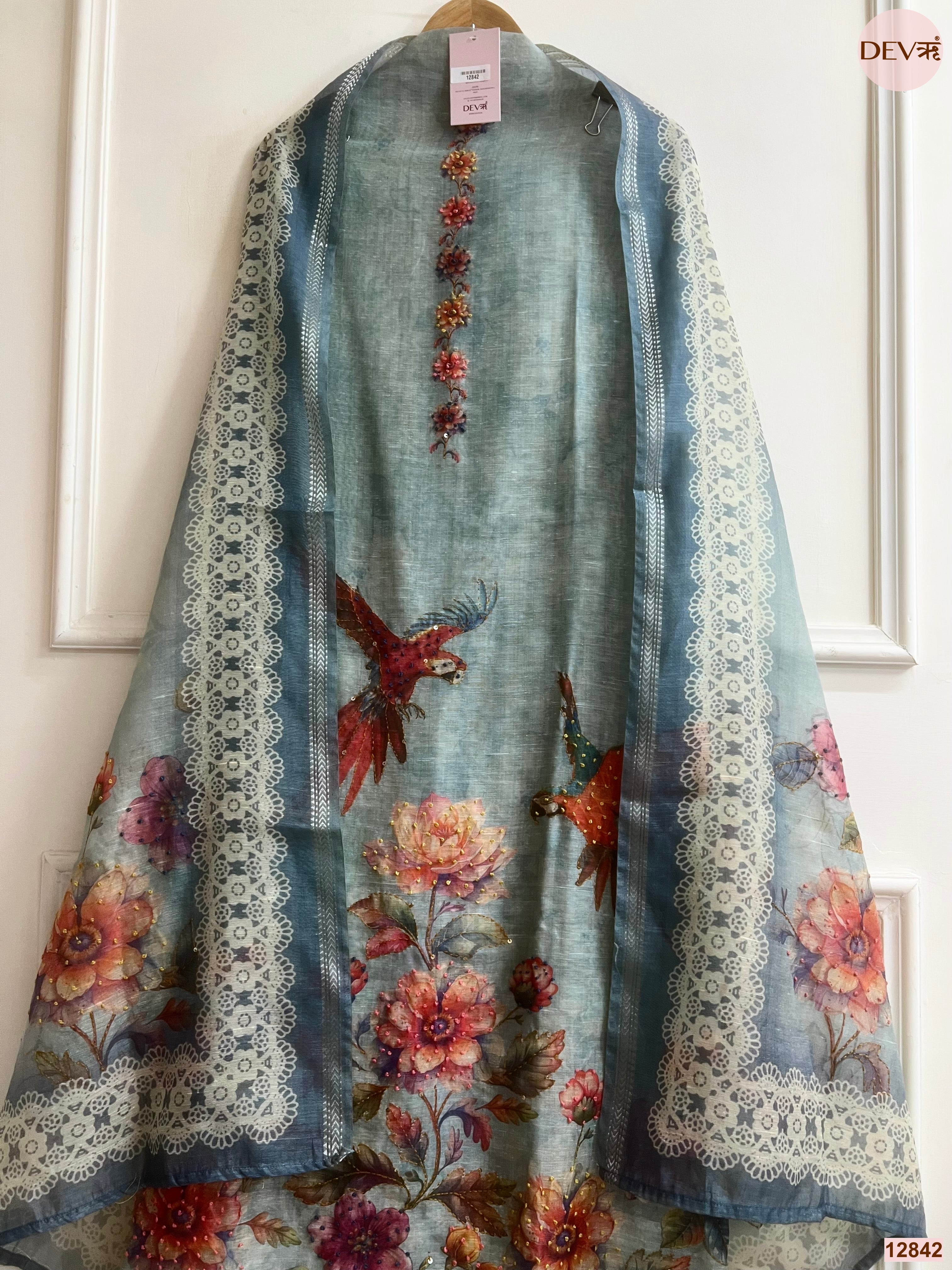 Blue Mul Chanderi Printed Unstitched 3-Piece Suit (Devri – D.No 12842)