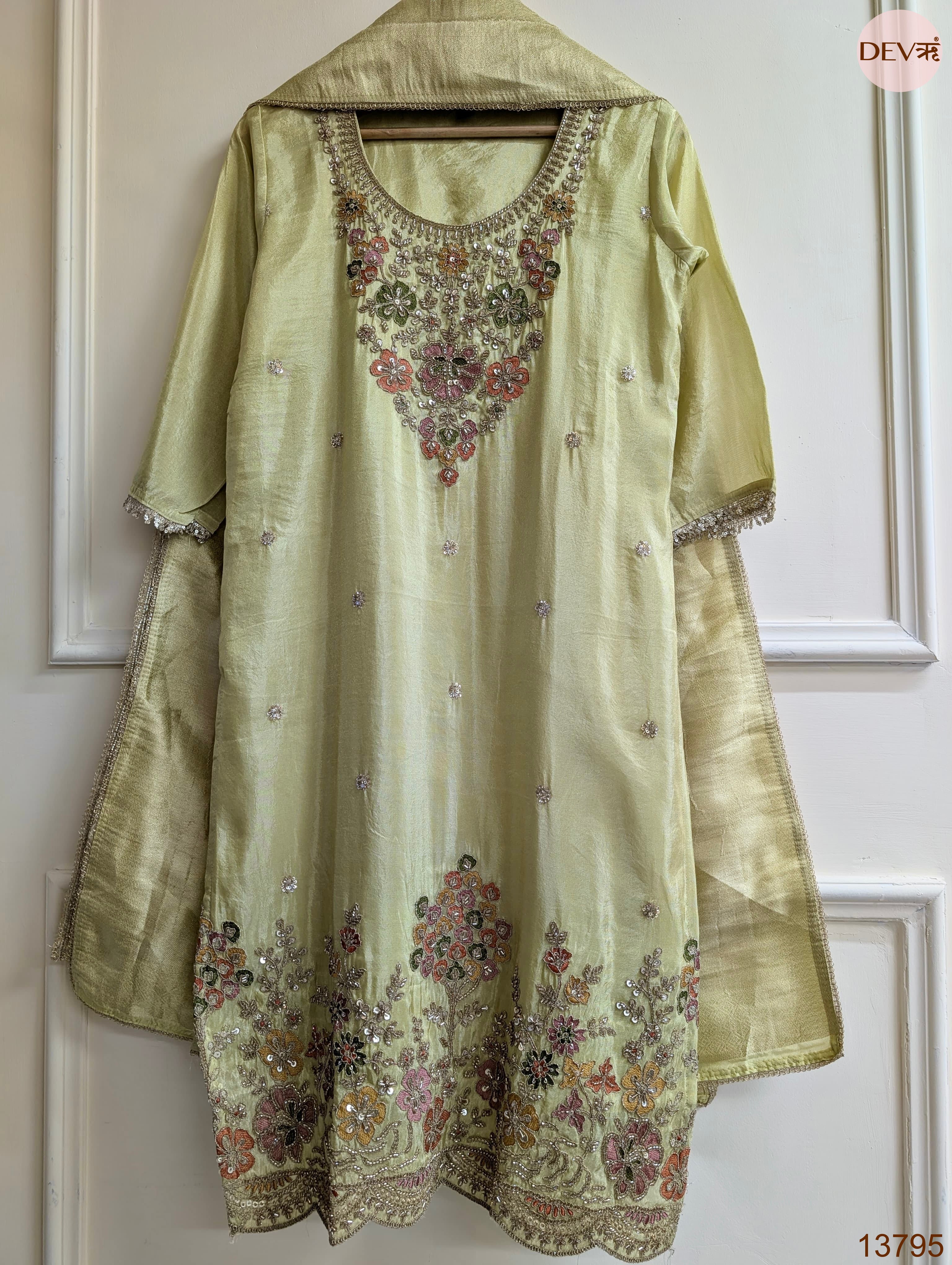 Gulnaar Tissue silk Embroidered Lime Green 3-Piece Set (Devri – D.No 13795)