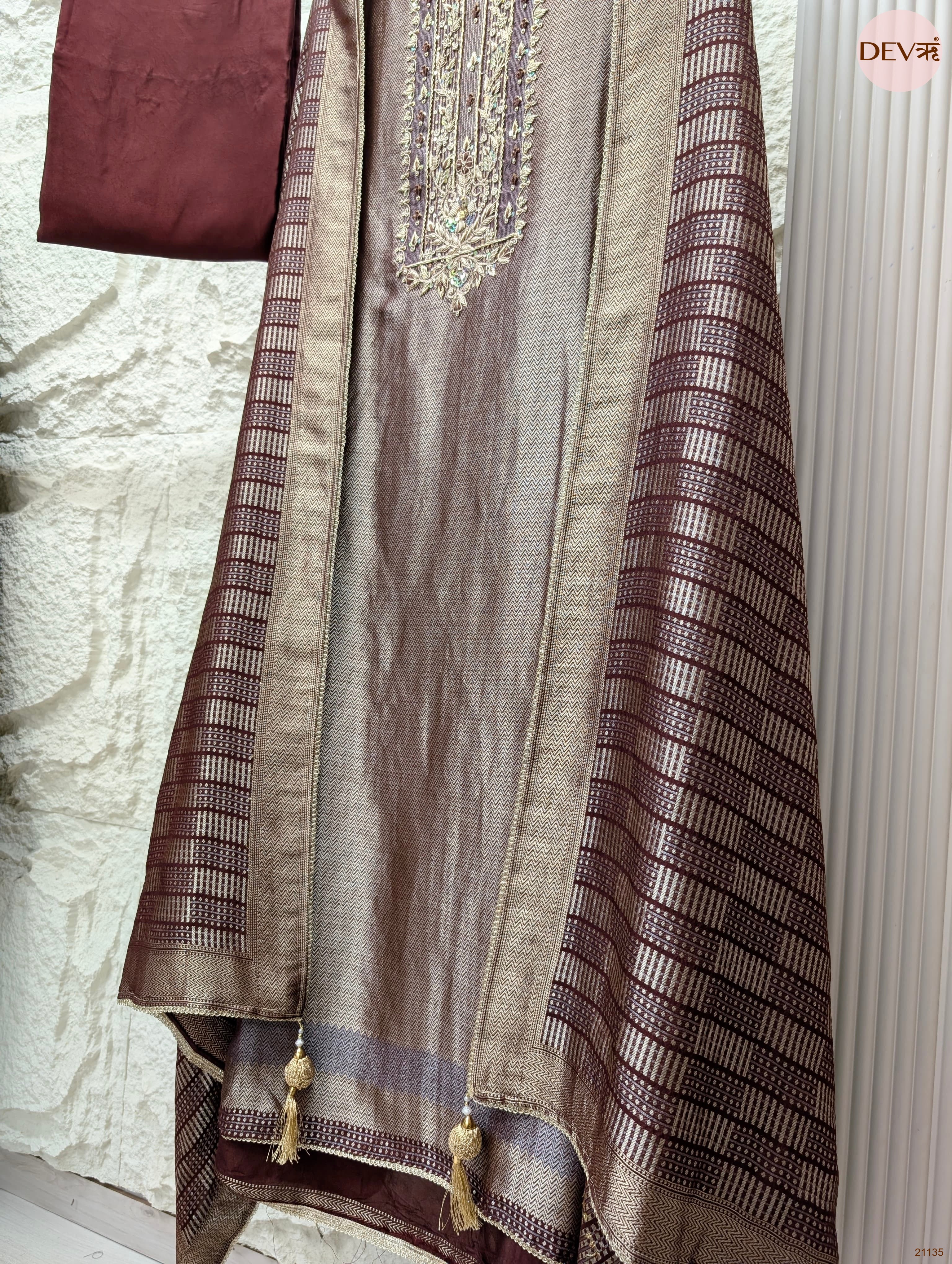 Brown Pure Giraffe Banarasi Silk Embroidered Unstitched 3-Piece Suit (Devri – D.No 21135)
