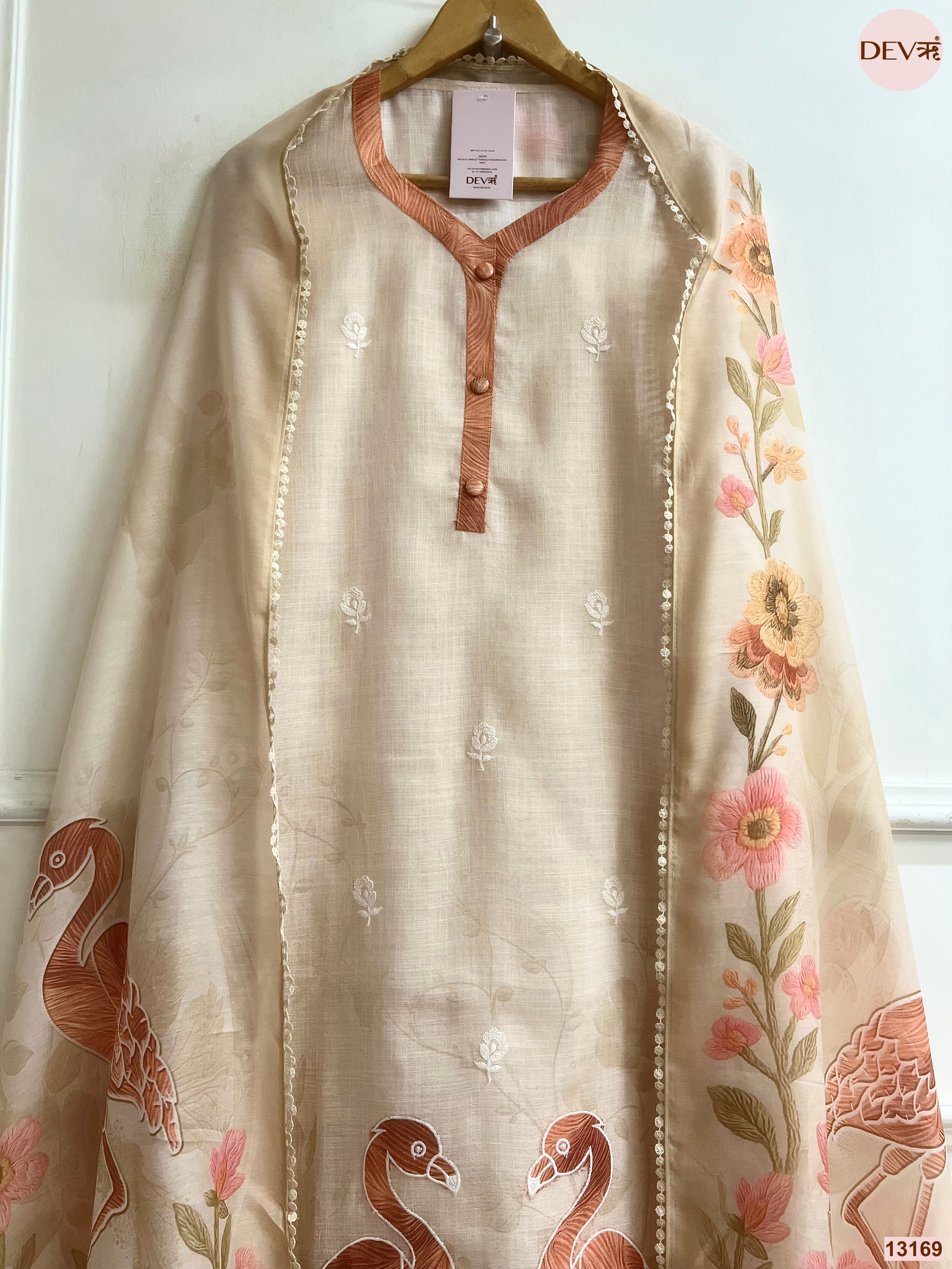 Beige Linen Cotton Printed Unstitched 3-Piece Suit (Devri – D.No 13169)