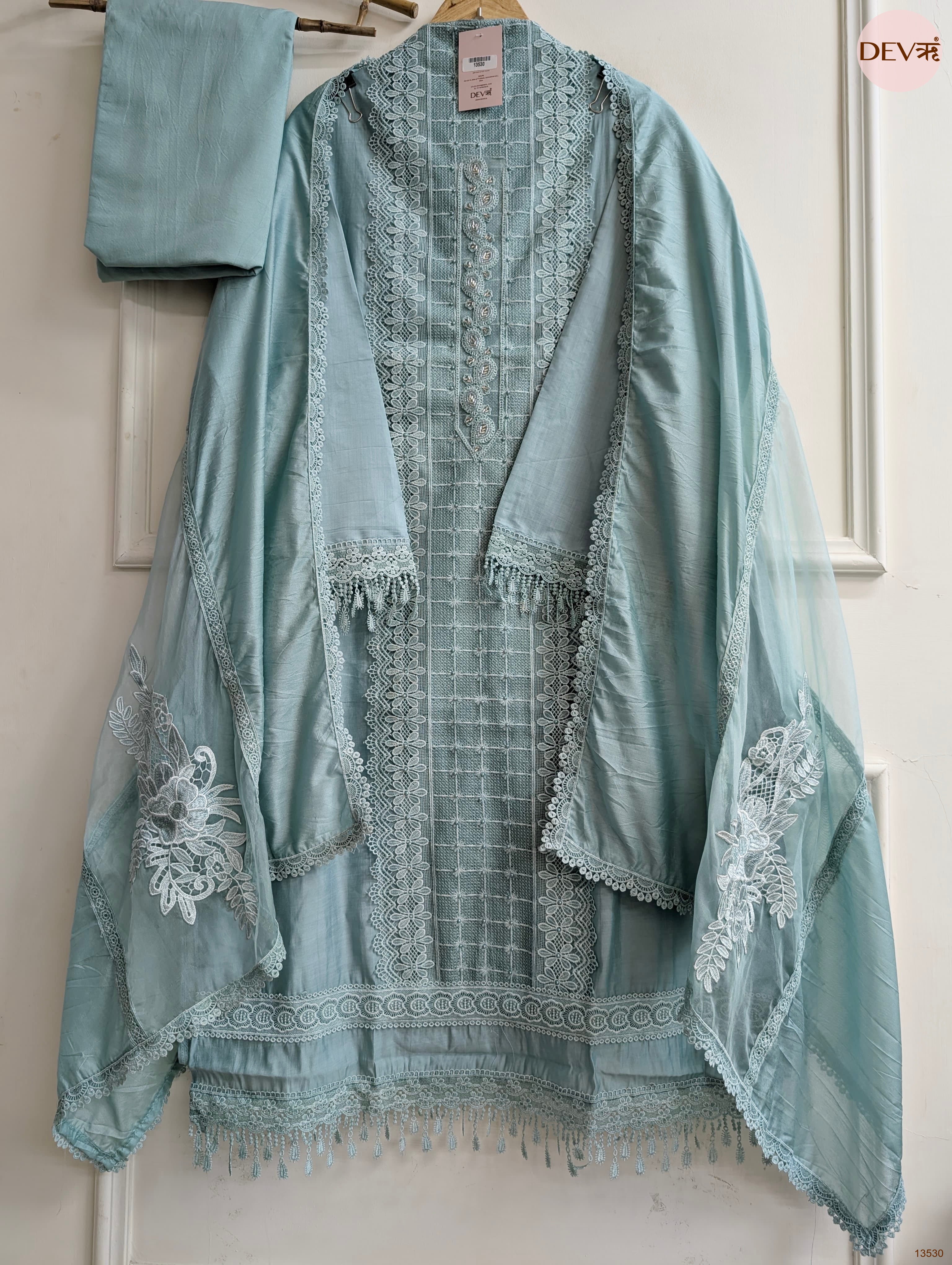 Sea Green Modal Silk Embroidered Unstitched 3-Piece Suit (Devri – D.No 13530)