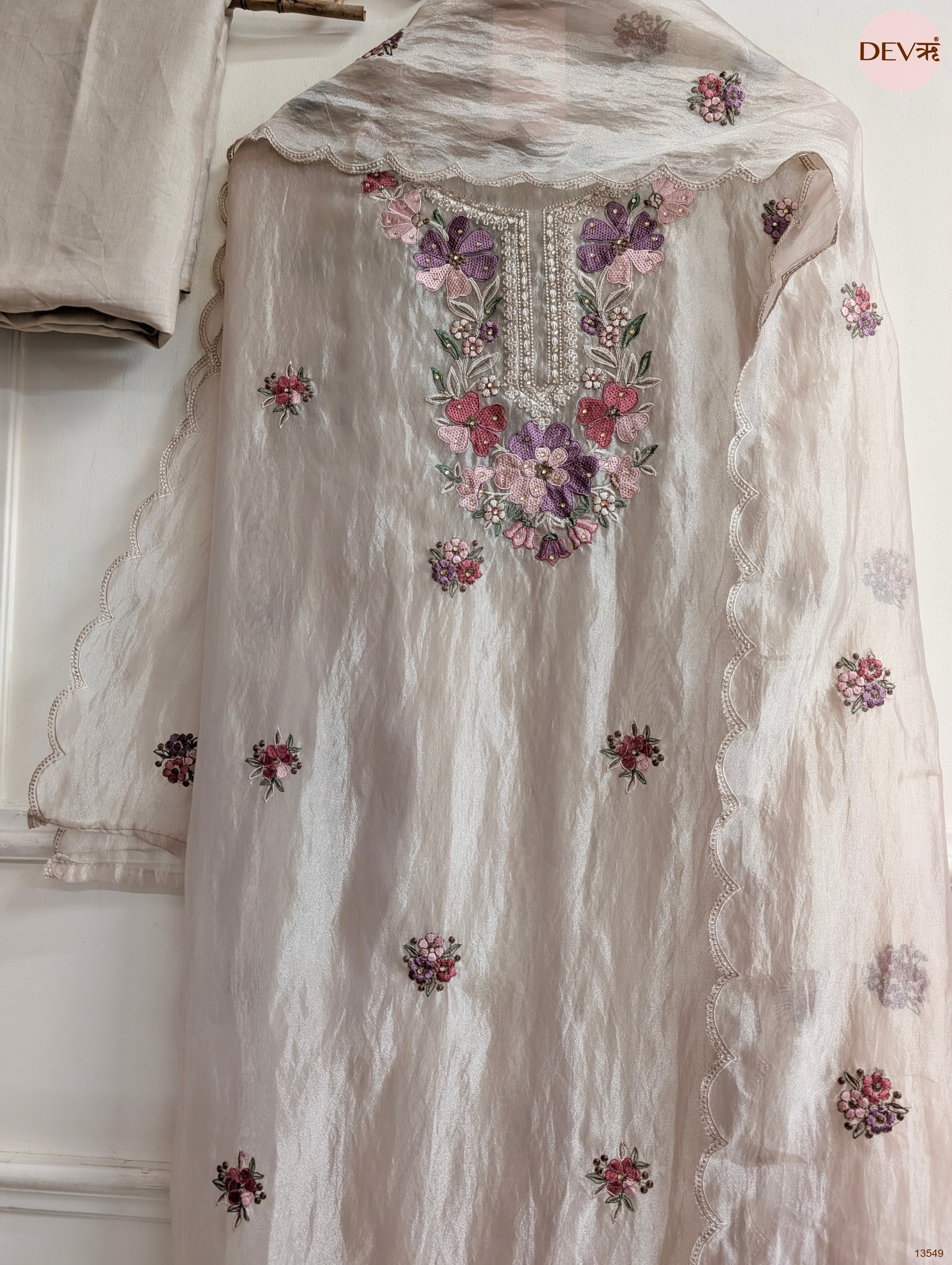 Beige Tissue Organza Silk Embroidered Unstitched 3-Piece Suit (Devri – D.No 13549)