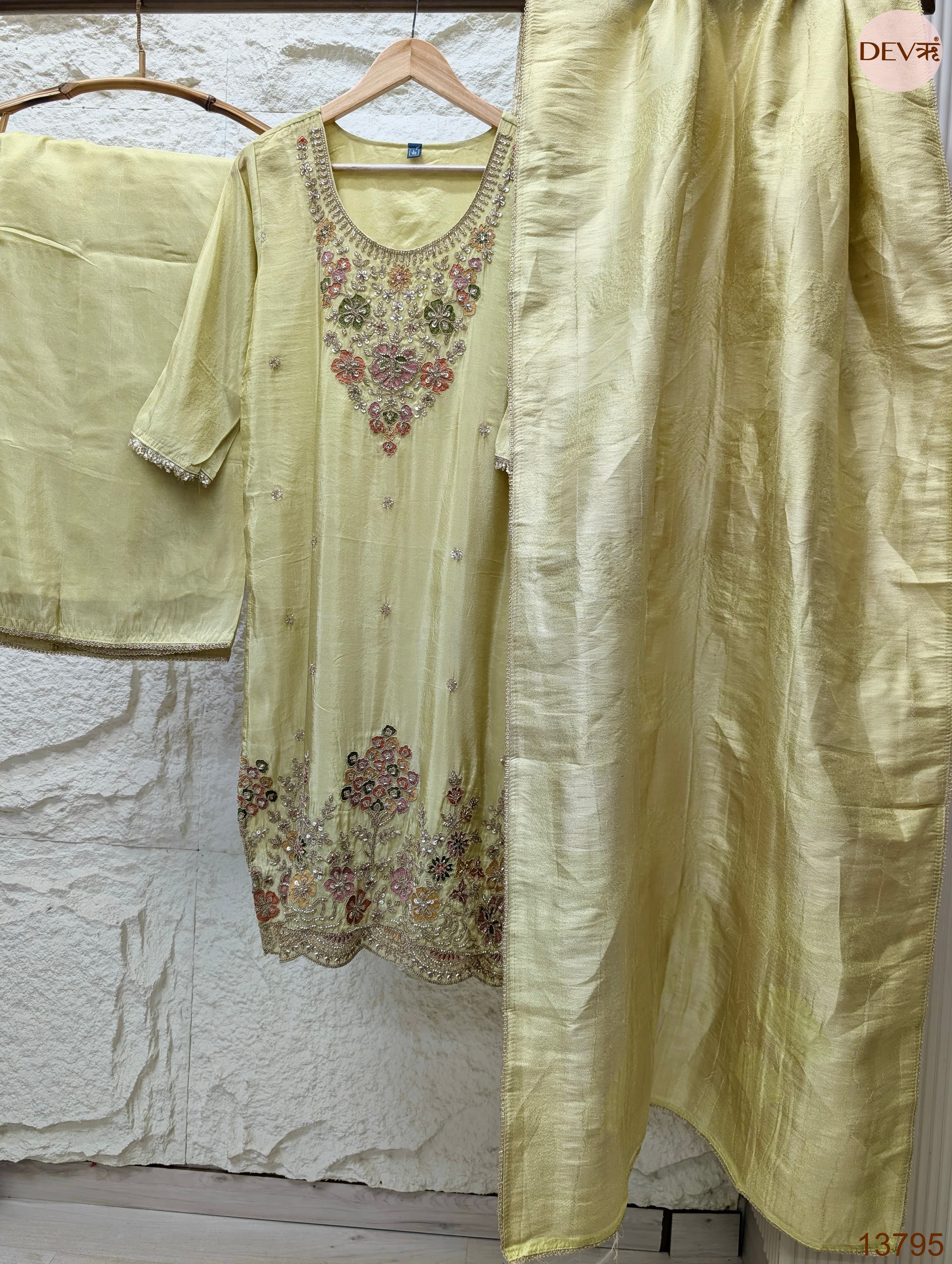 Gulnaar Tissue silk Embroidered Lime Green 3-Piece Set (Devri – D.No 13795)
