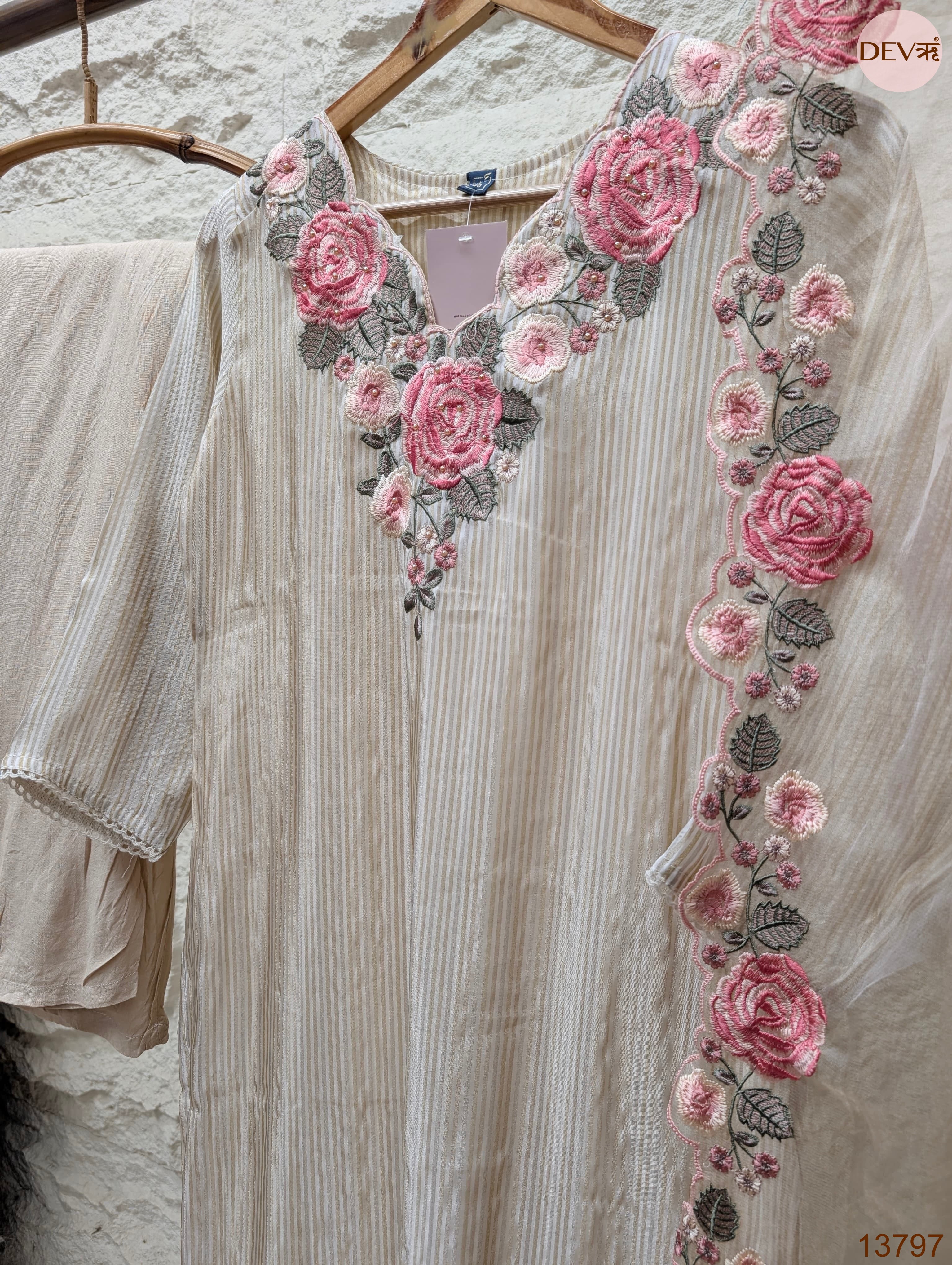 Gulnaar Tissue silk Embroidered Ivory 3-Piece Set (Devri – D.No 13797)