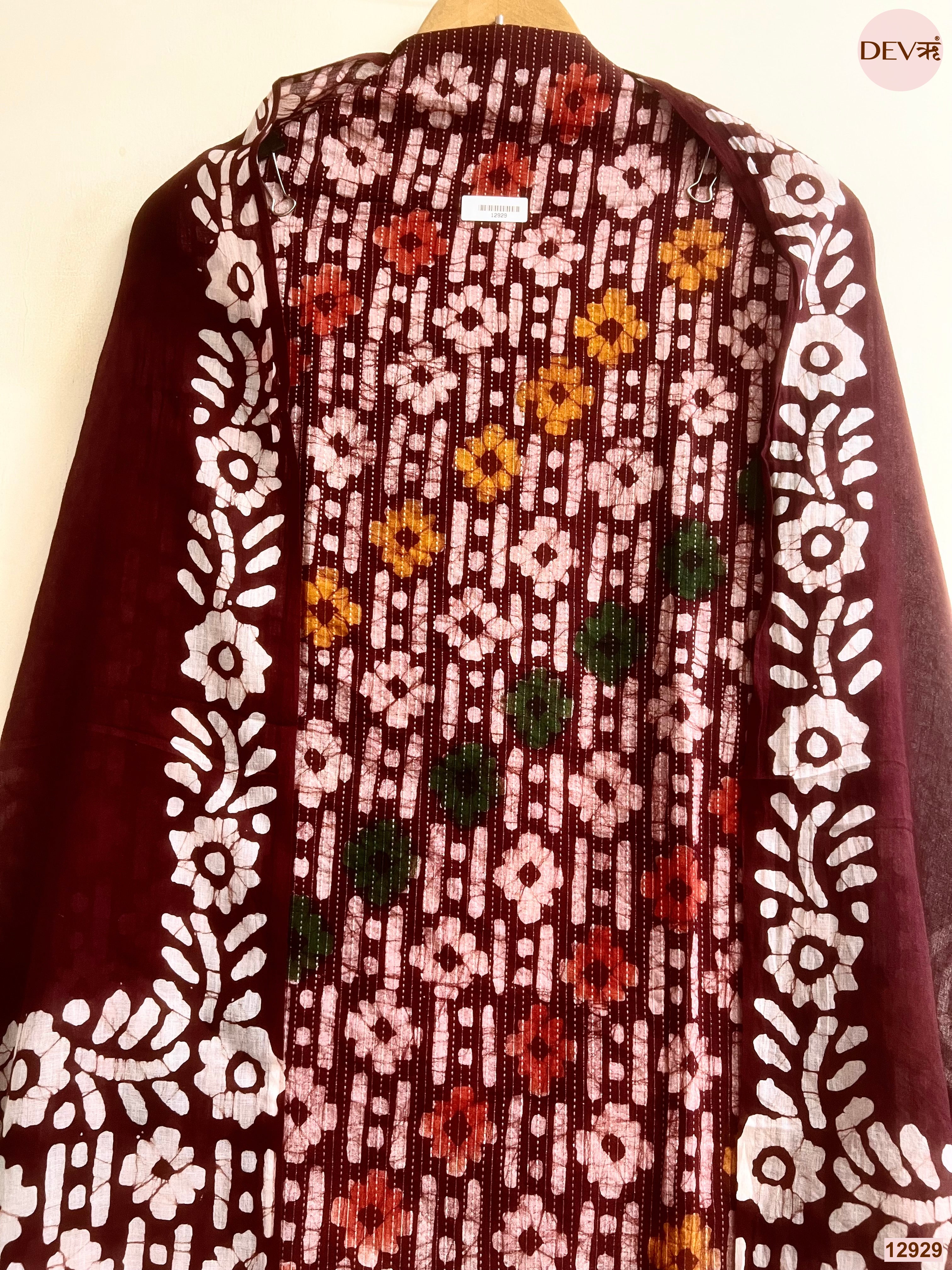 Maroon Cotton Batik Printed Unstitched 3-Piece Suit (Devri – D.No 12929)