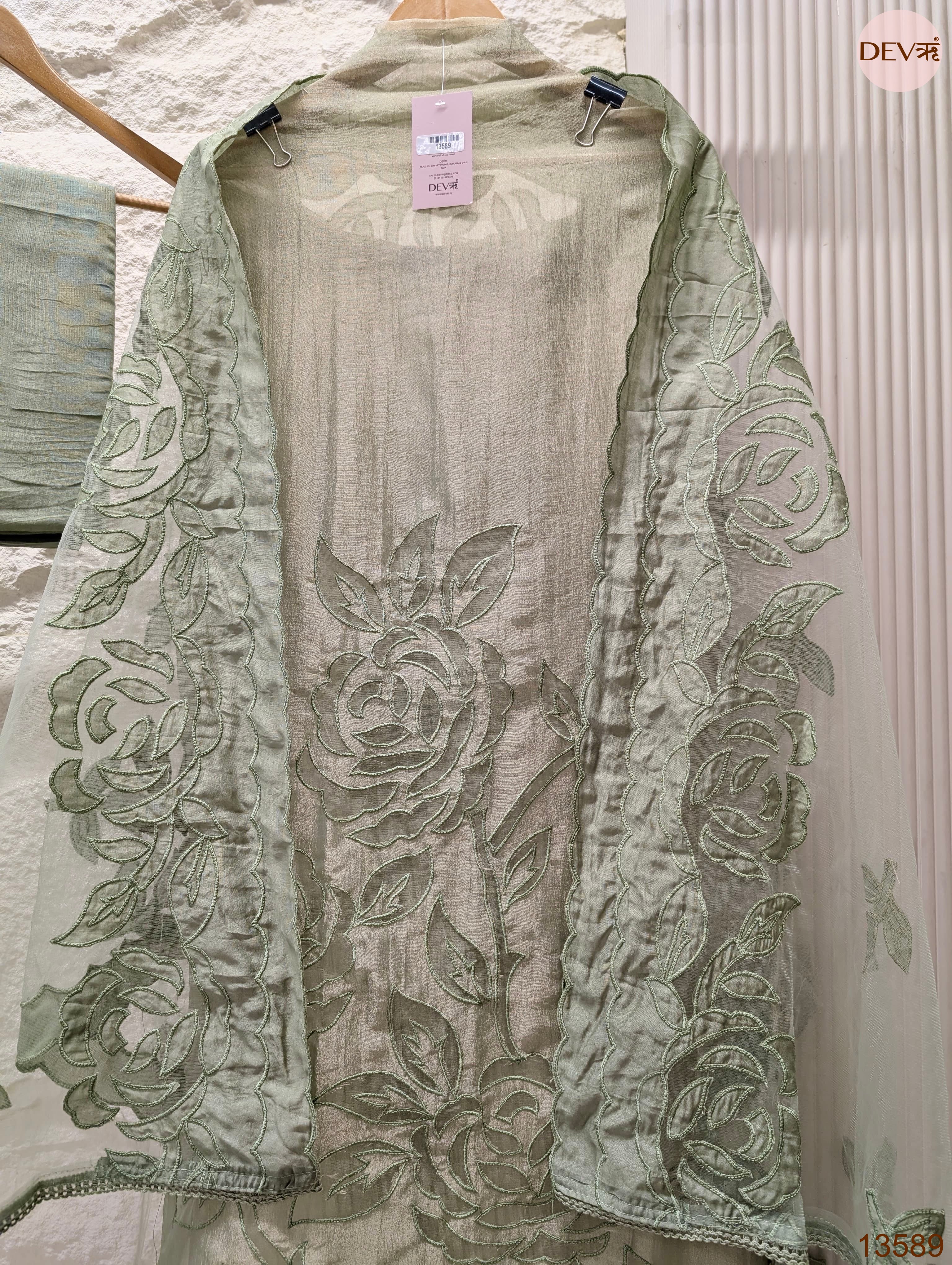 Sage Tissue Crush Silk Embroidered Unstitched 3-Piece Suit (Devri – D.No 13589)