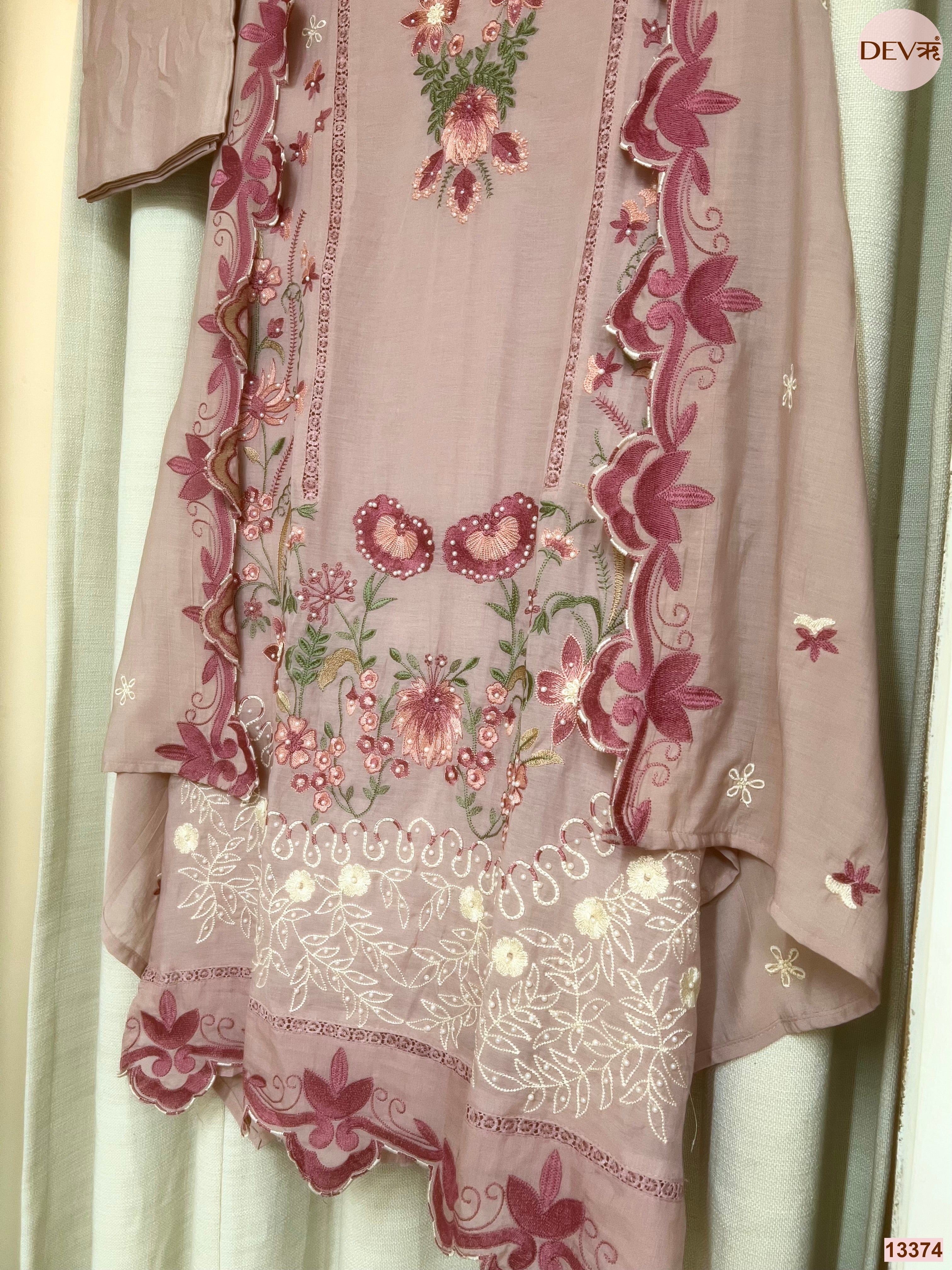 Pink Mul Cotton Embroidered Unstitched 3-Piece Suit (Devri – D.No 13374)