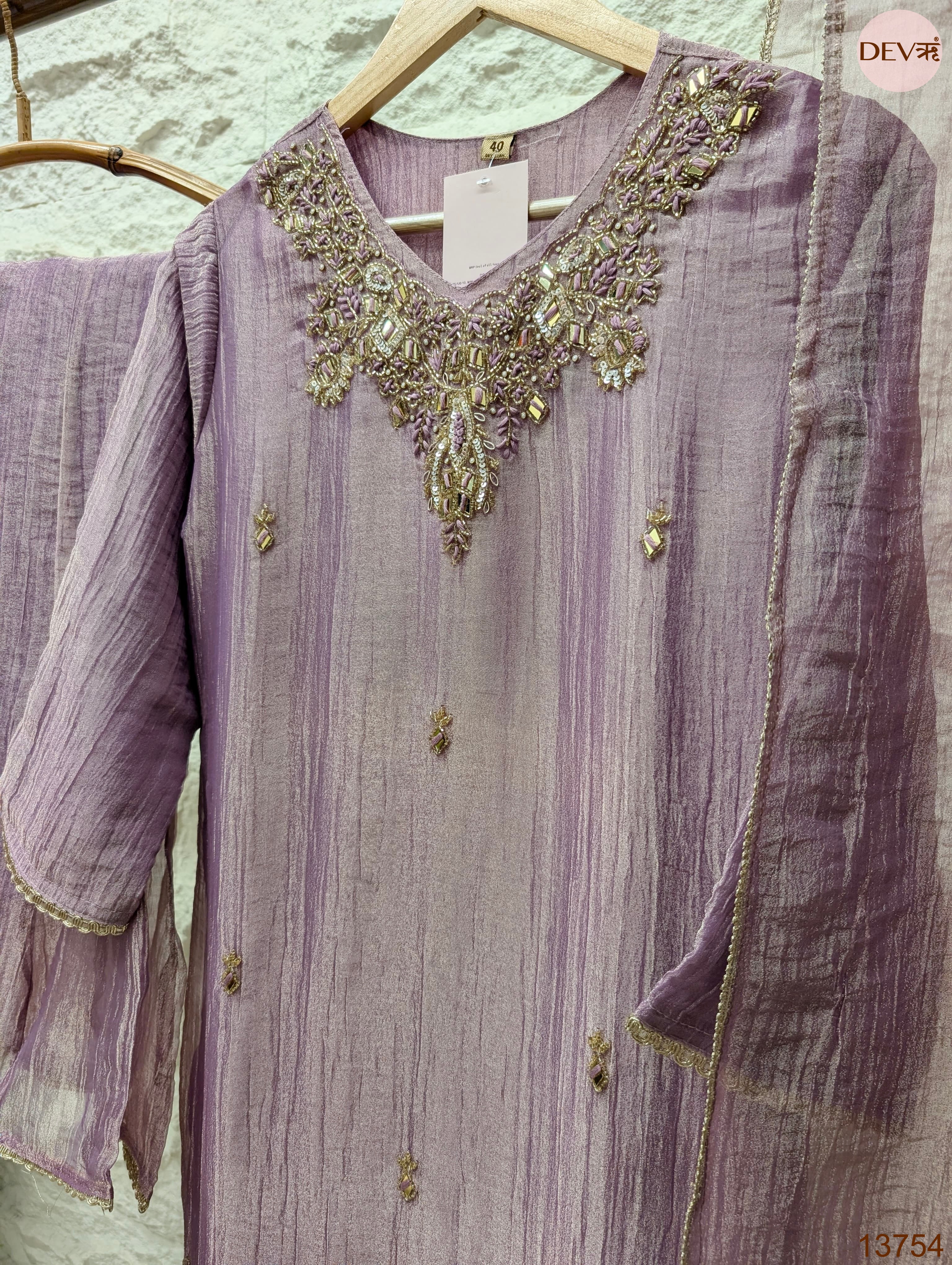 Gulnaar Tissue crush silk Embroidered Mauve 3-Piece Set (Devri – D.No 13754)