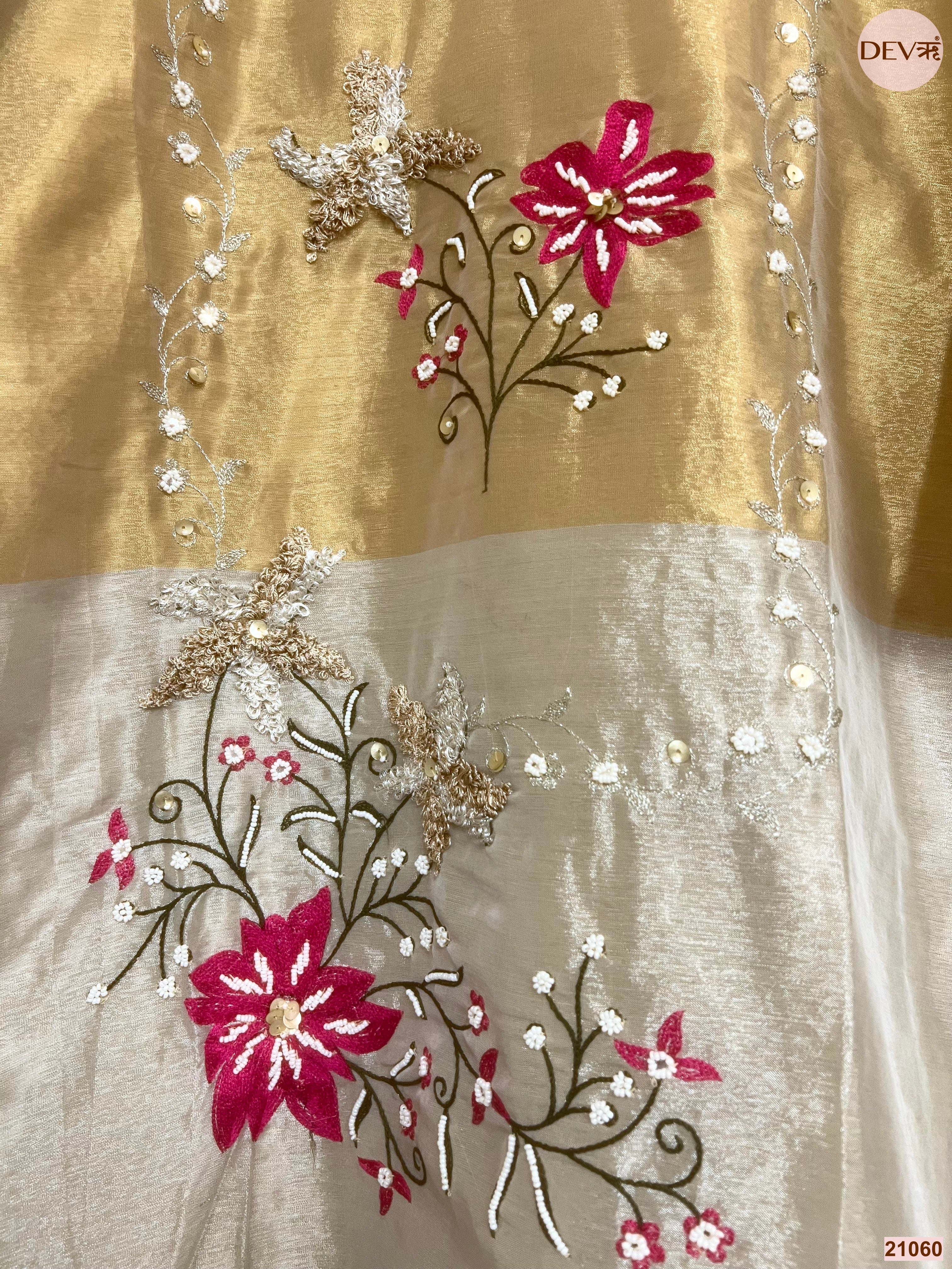 Ruhani Tissue Silk Embroidered Beige 3-Piece Set (Devri – D.No 21060)