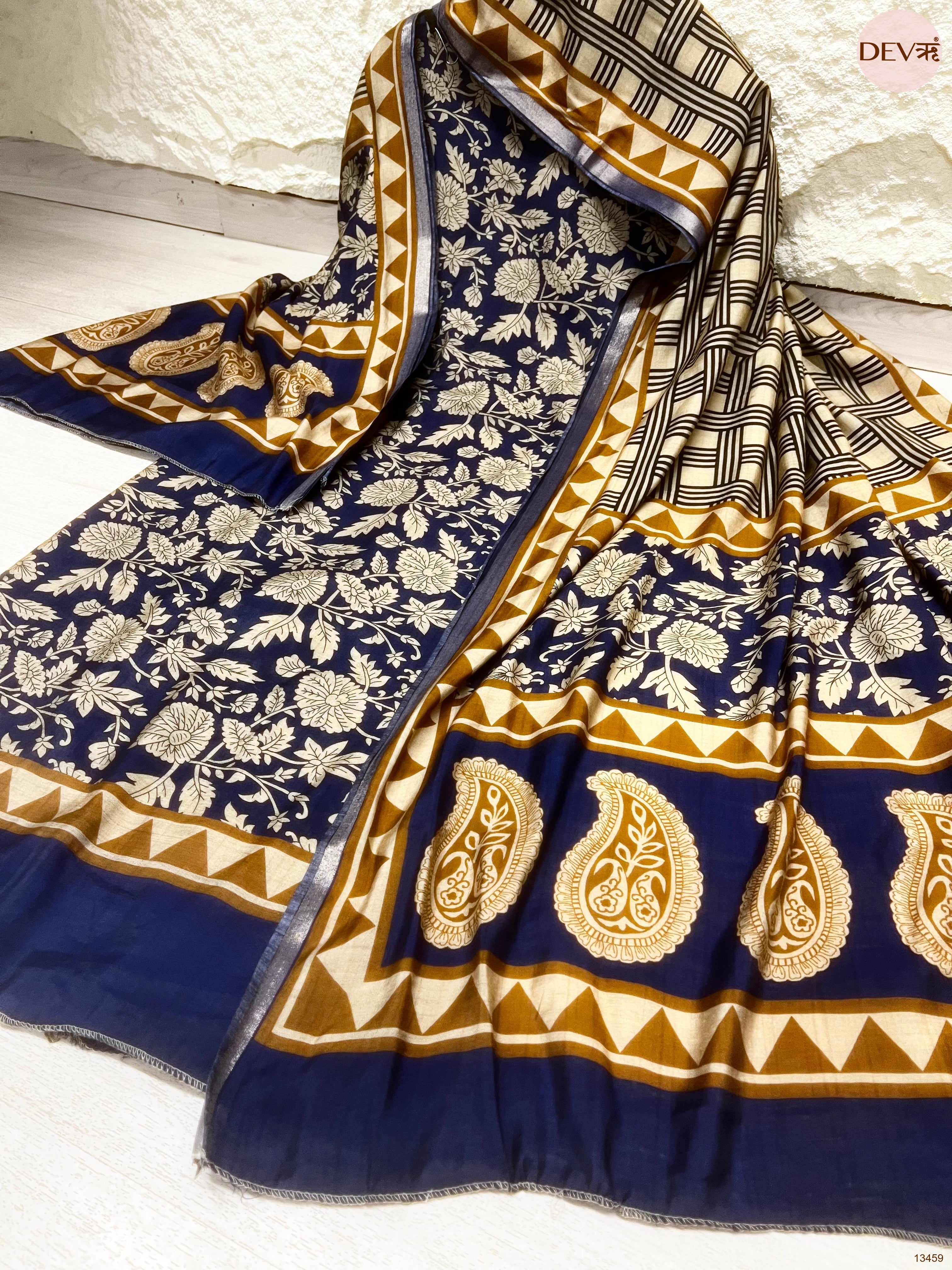 Navy Blue Maheshwari Silk Printed Unstitched 3-Piece Suit (Devri – D.No 13459)