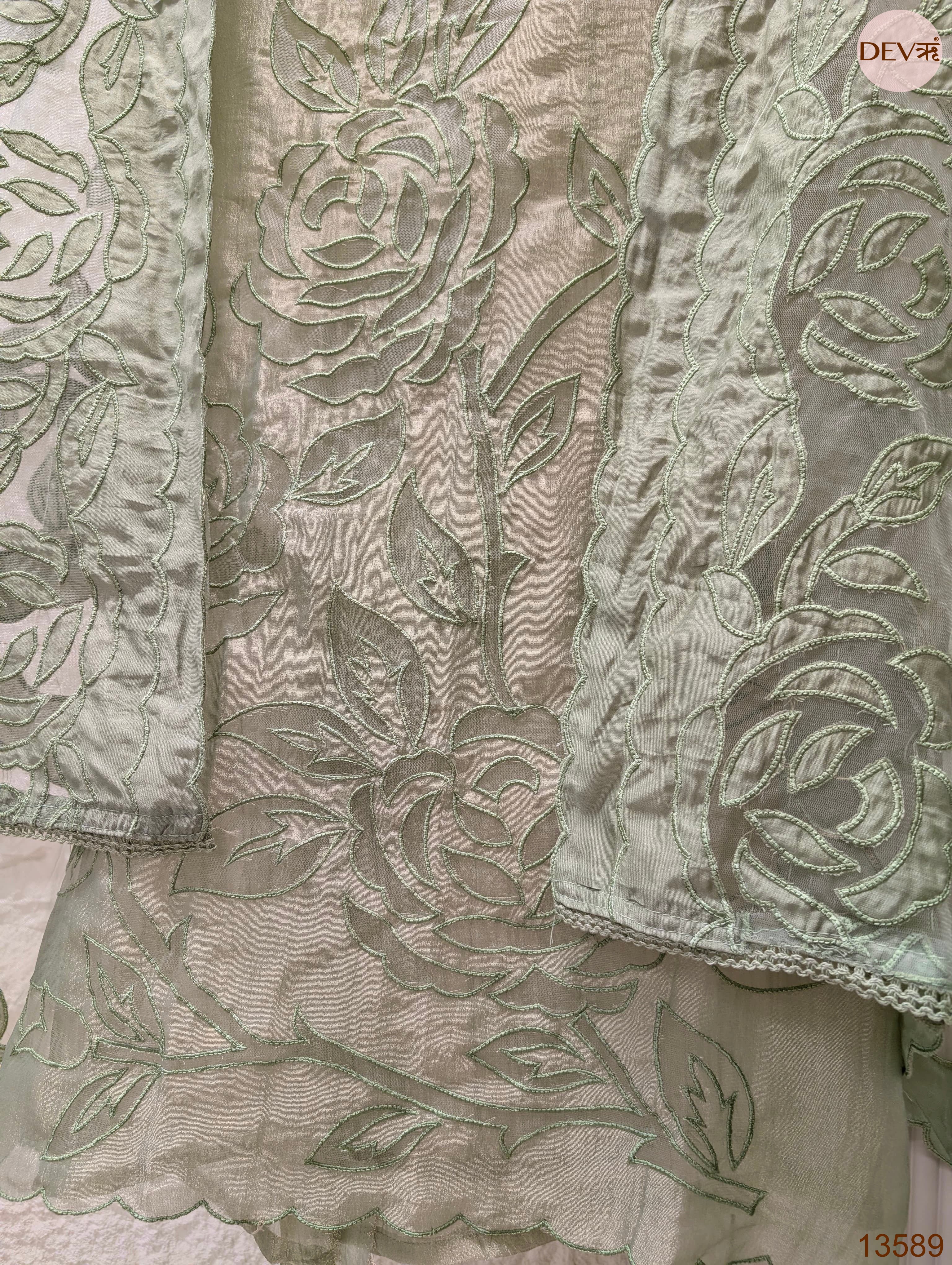 Sage Tissue Crush Silk Embroidered Unstitched 3-Piece Suit (Devri – D.No 13589)