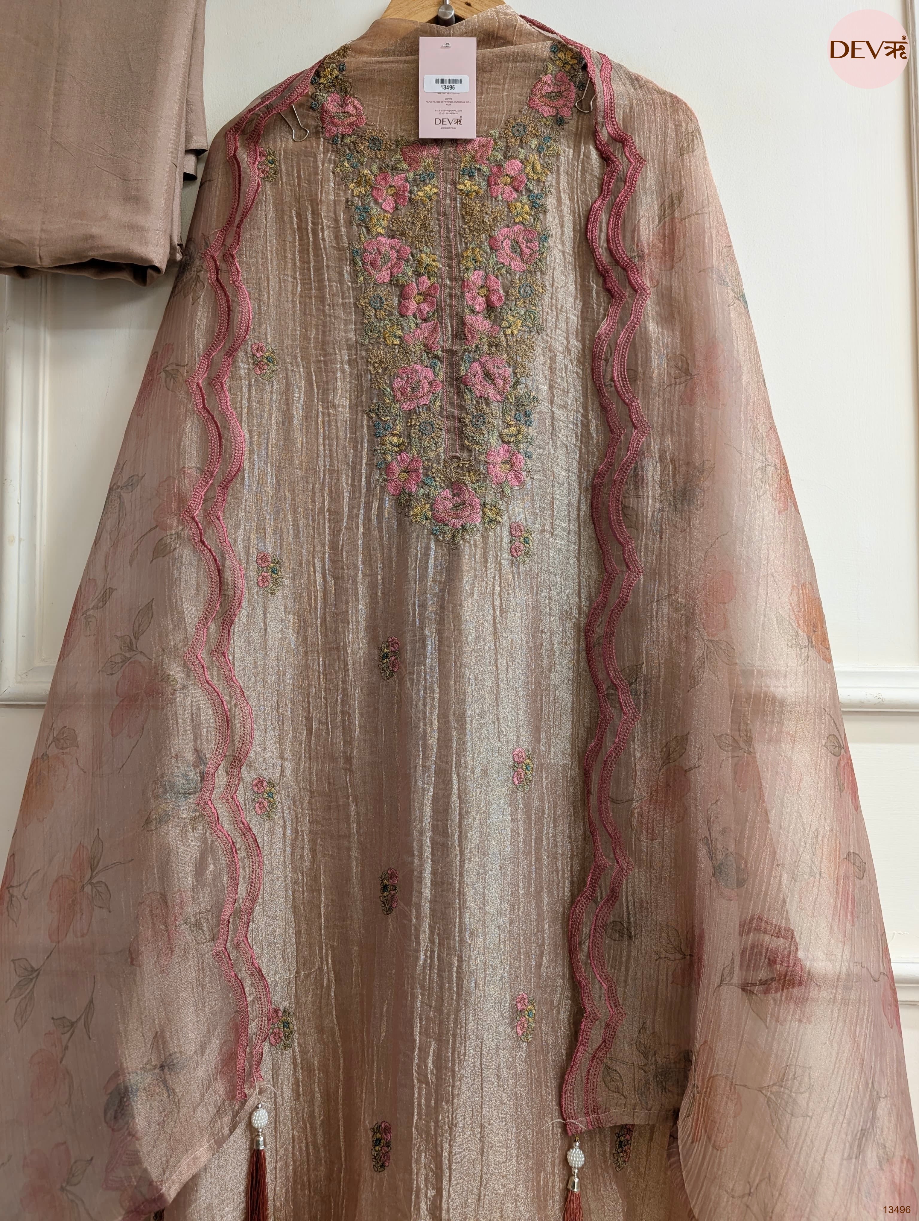 Beige Tissue Crush Silk Embroidered Unstitched 3-Piece Suit (Devri – D.No 13496)