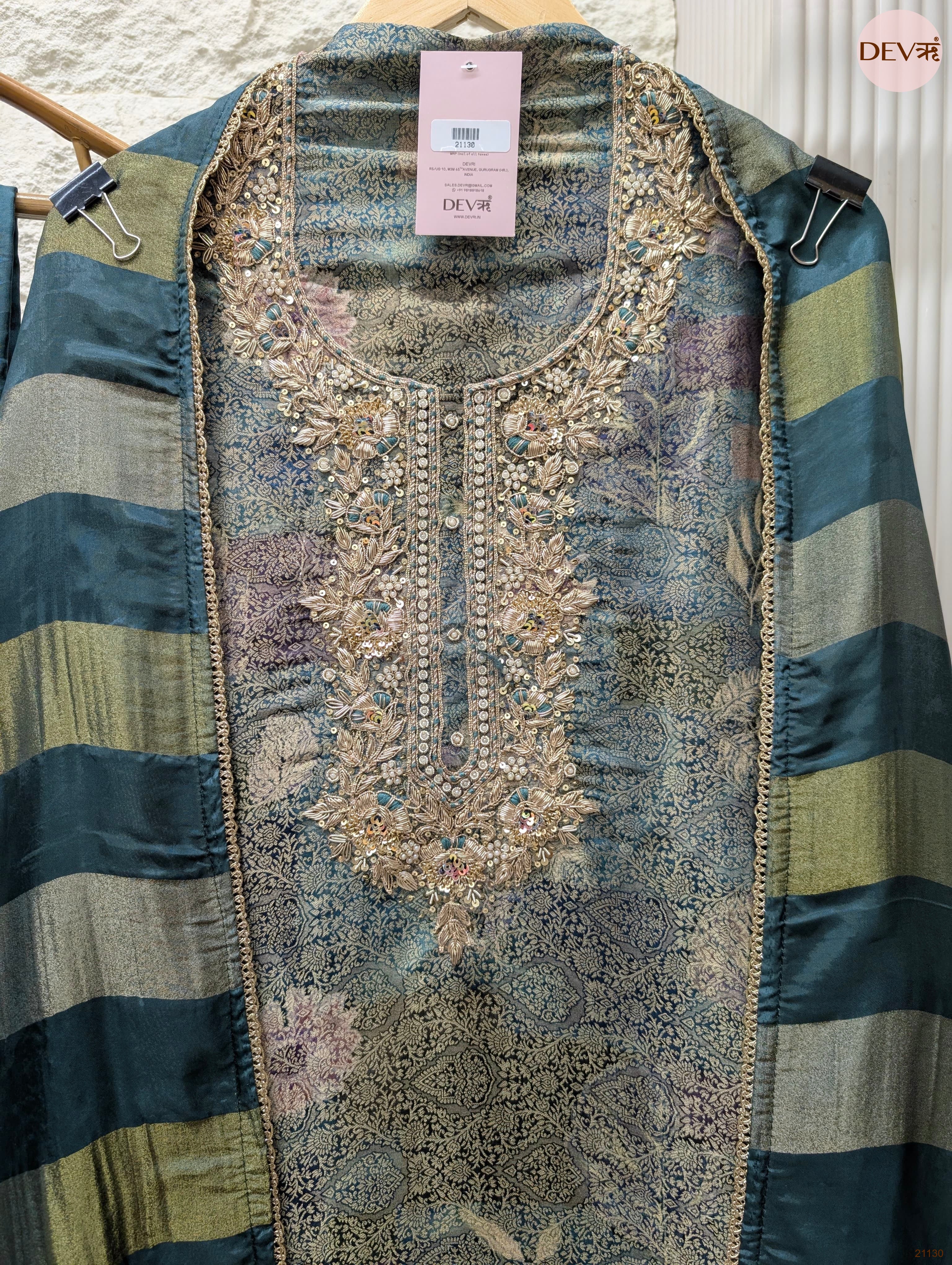 Teal Pure Banarasi Woven Silk Embroidered Unstitched 3-Piece Suit (Devri – D.No 21130)