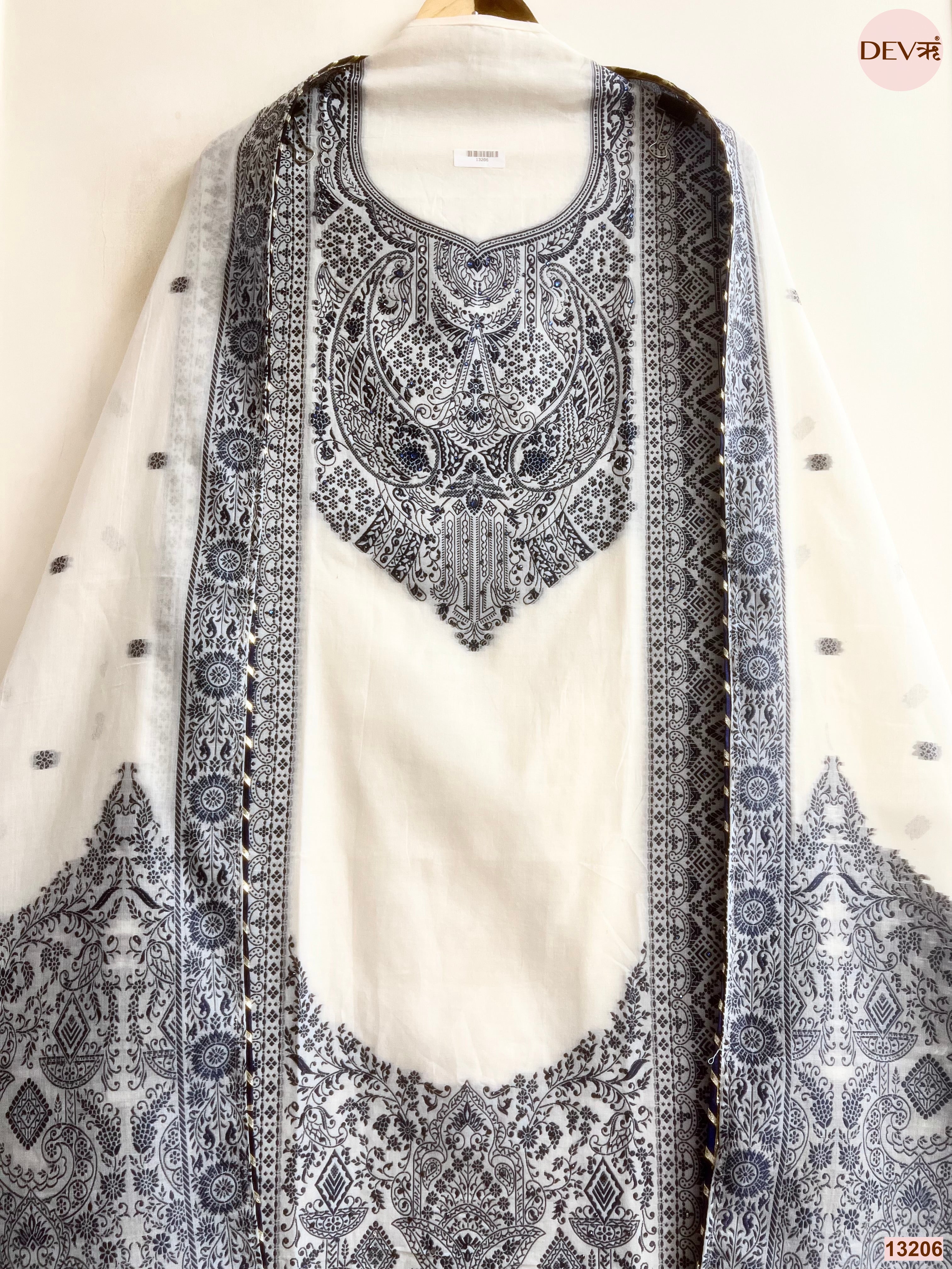 White Jamdani Cotton Printed Unstitched 3-Piece Suit (Devri – D.No 13206)