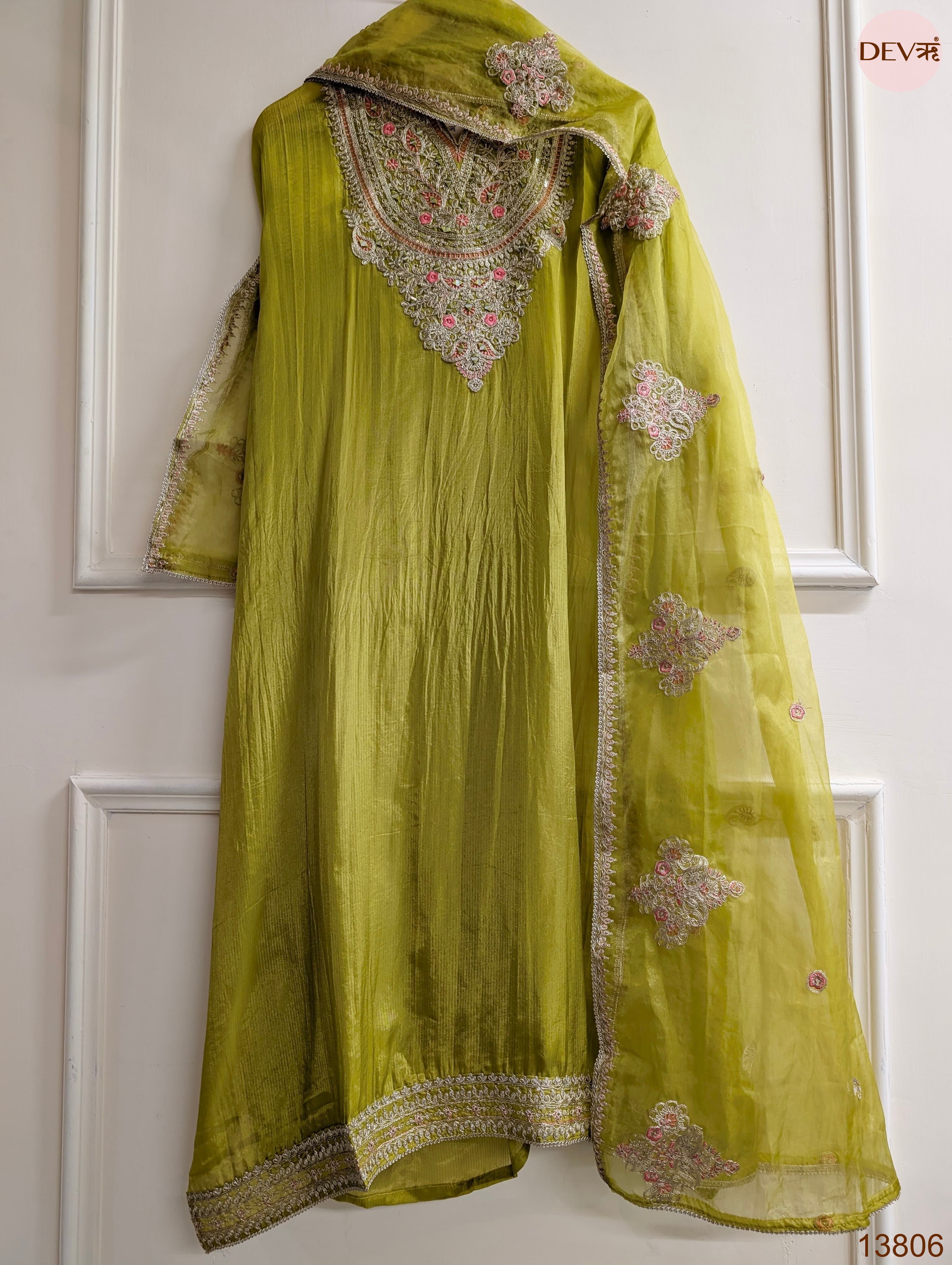 Olive Tissue Organza Silk Embroidered Unstitched 3-Piece Suit (Devri – D.No 13806)