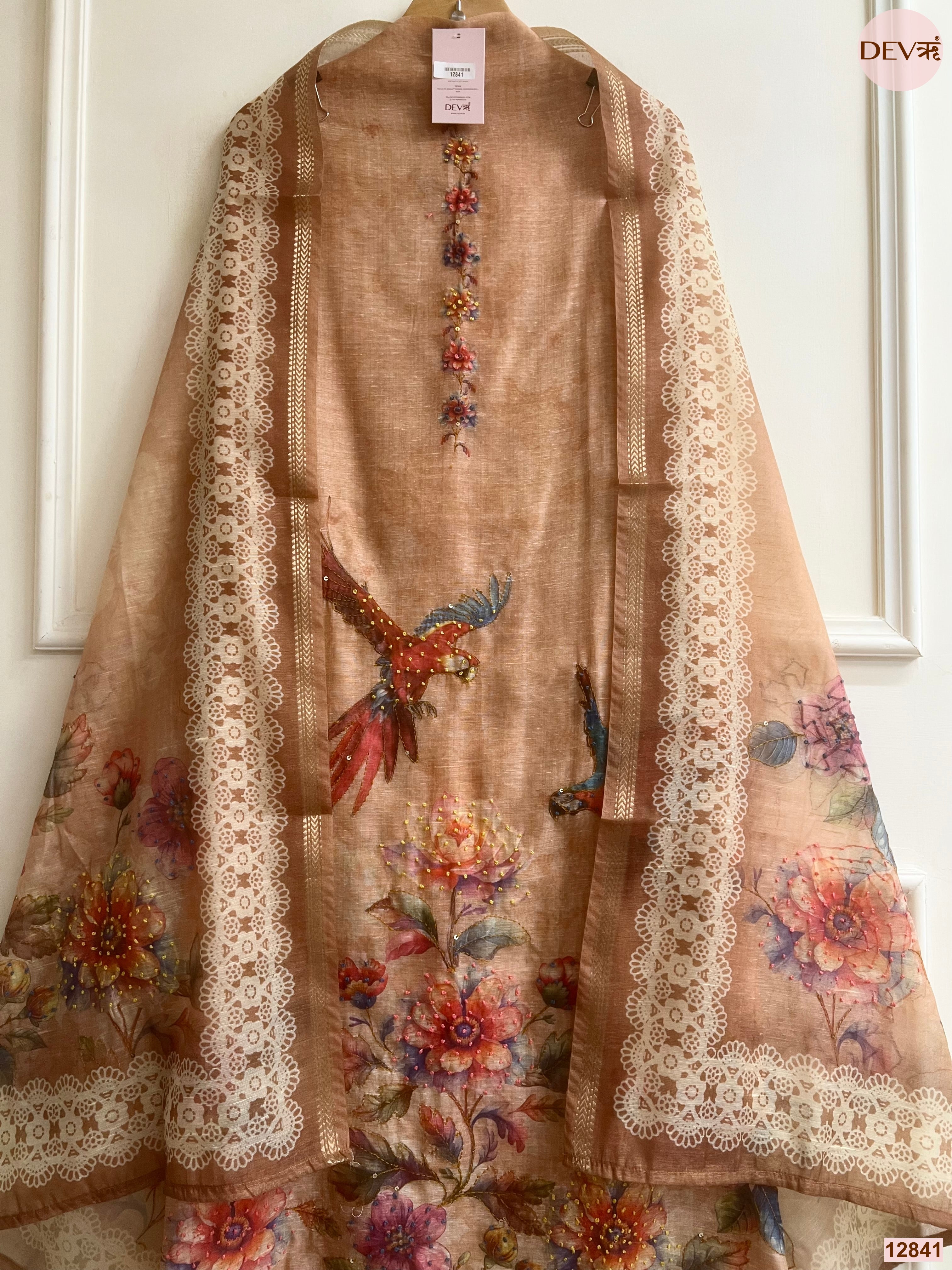 Peach Mul Chanderi Printed Unstitched 3-Piece Suit (Devri – D.No 12841)