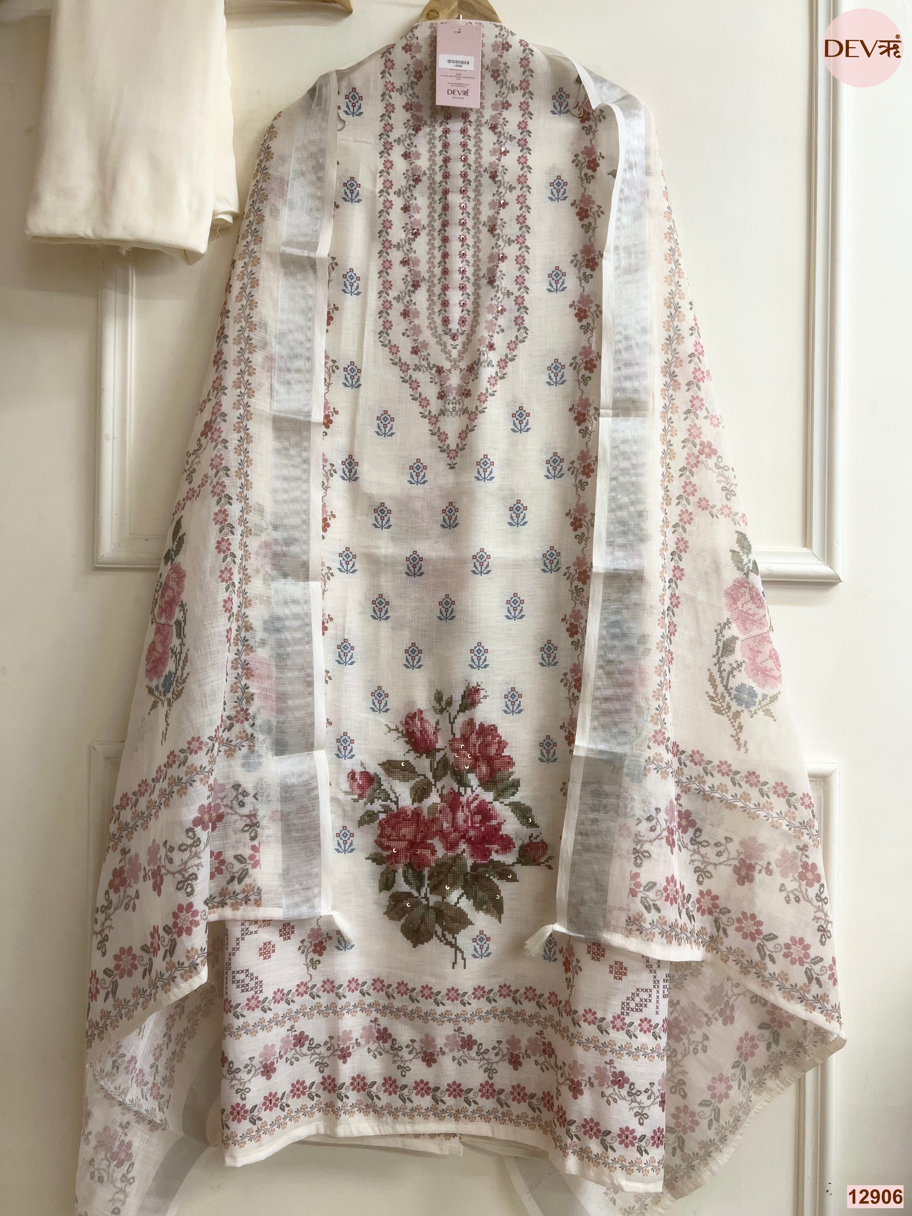 Cream Linen Printed Unstitched 3-Piece Suit (Devri – D.No 12906)