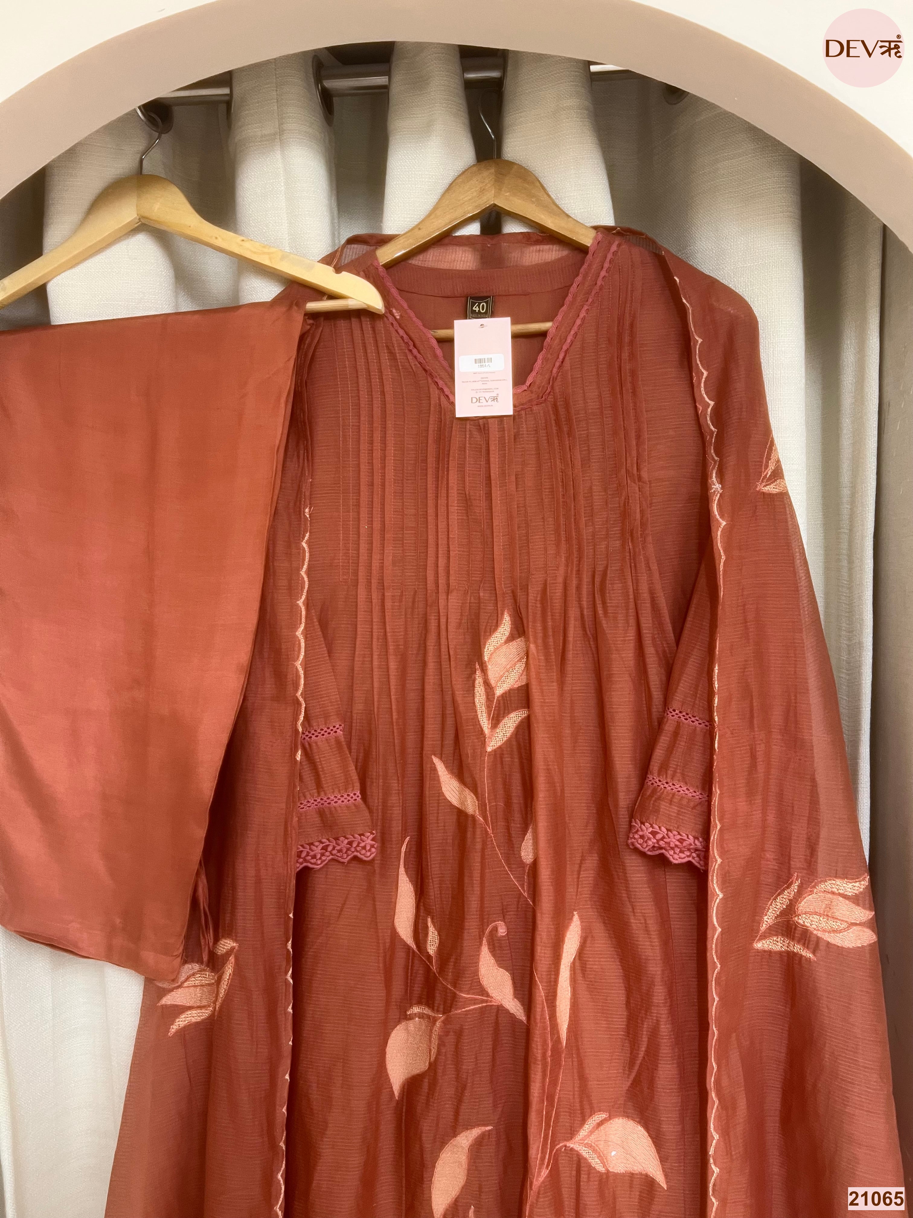 Gulnaar Mul cotton Embroidered Rust 3-Piece Set (Devri – D.No 21065)
