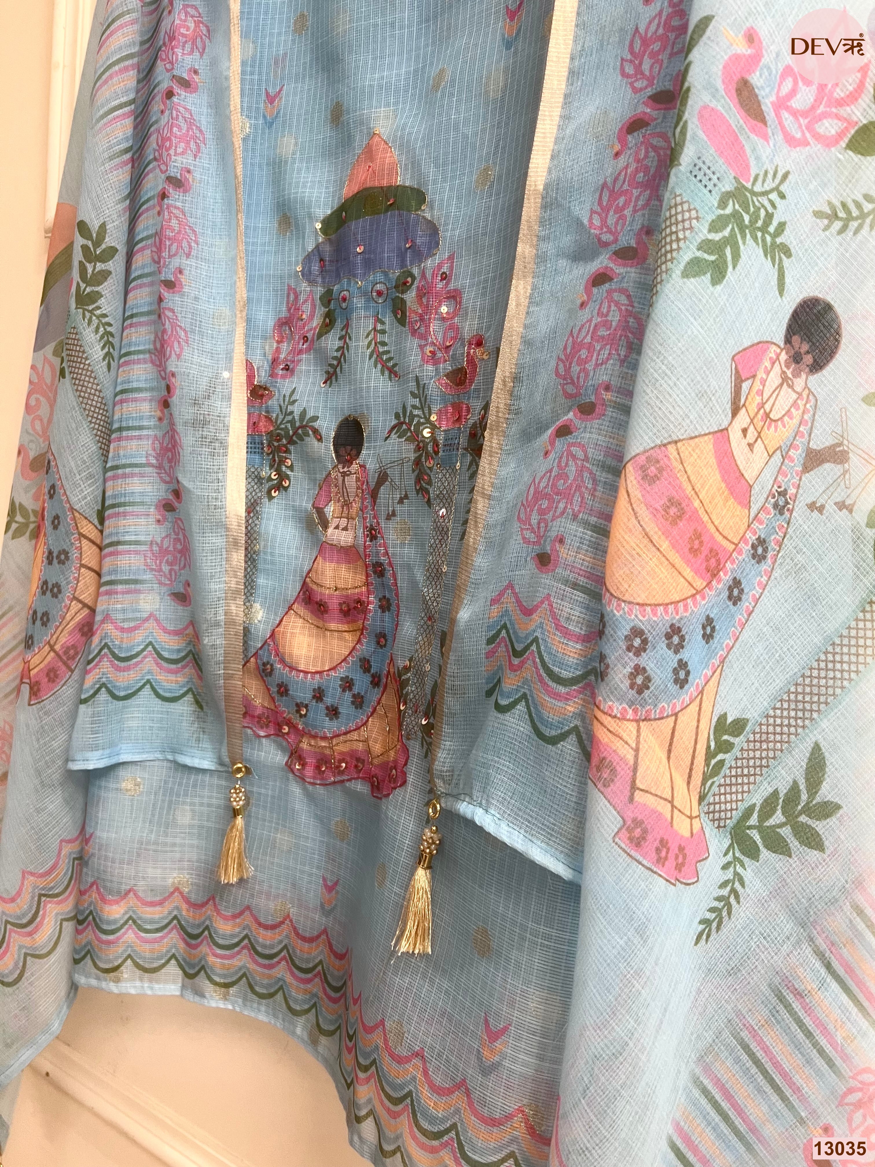 Blue Kota Zari Printed Unstitched 3-Piece Suit (Devri – D.No 13035)