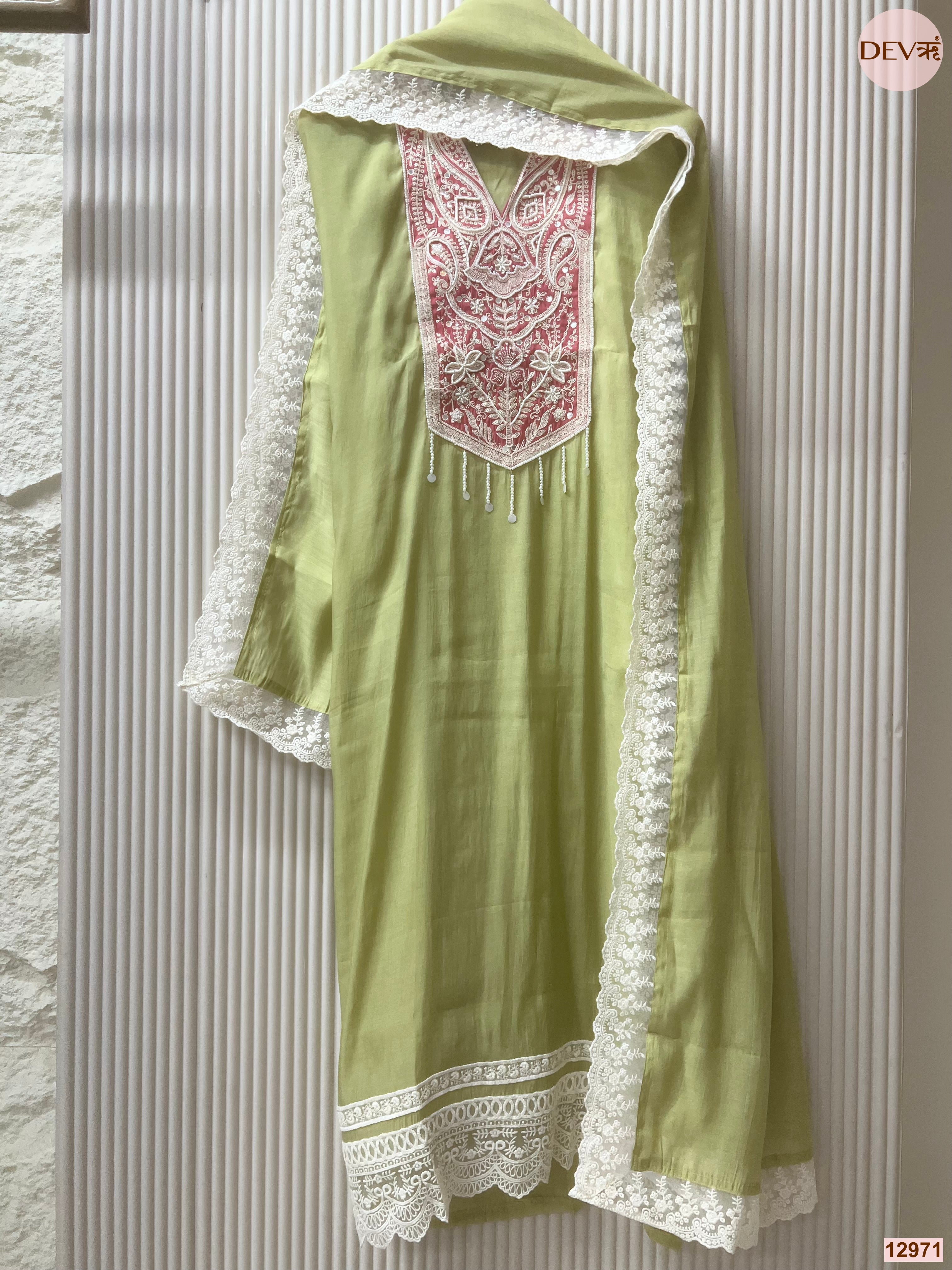 Green Mul Chanderi Embroidered Unstitched 3-Piece Suit (Devri – D.No 12971)