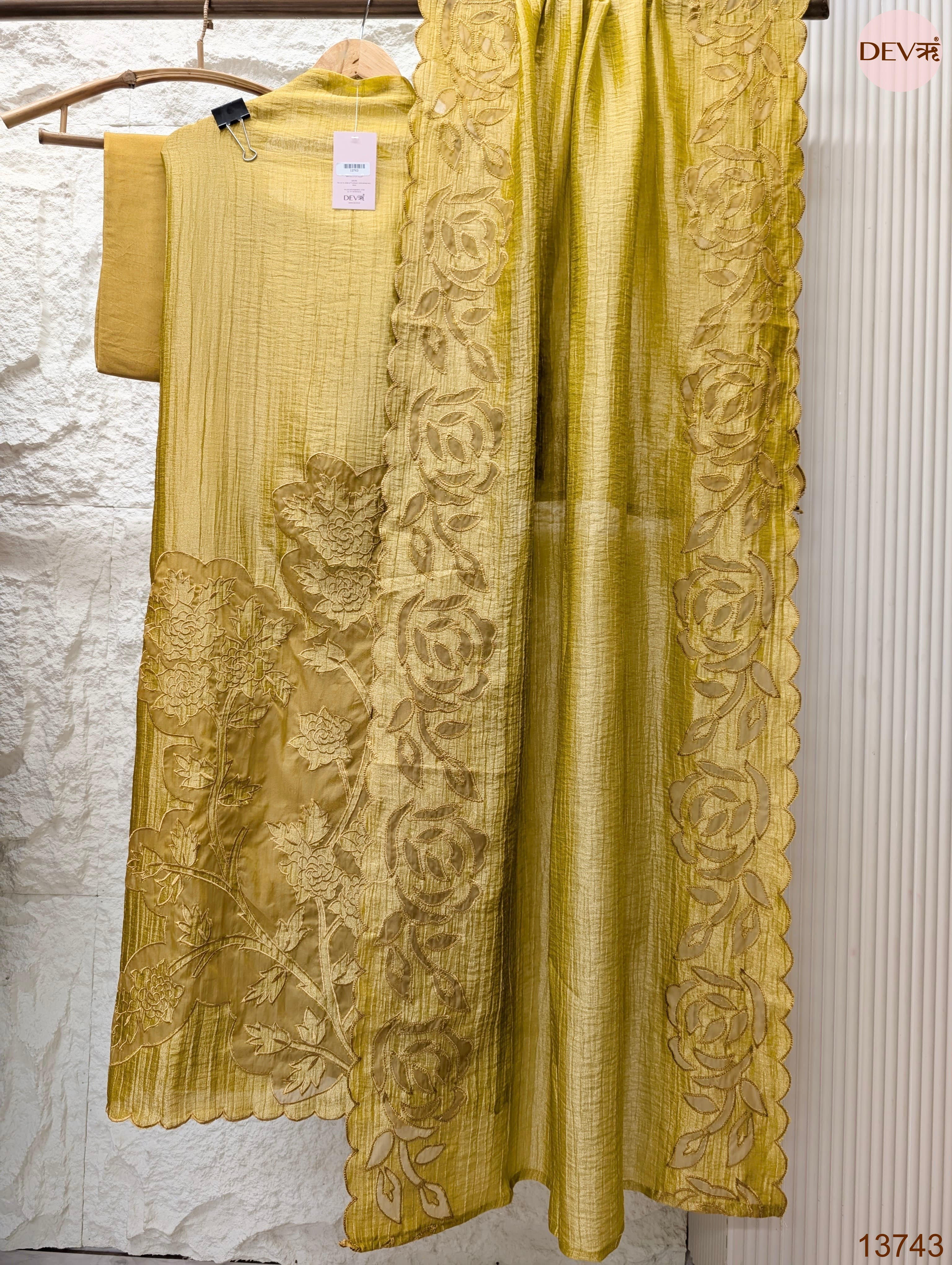 Mustard Tissue Crush Silk Embroidered Unstitched 3-Piece Suit (Devri – D.No 13743)