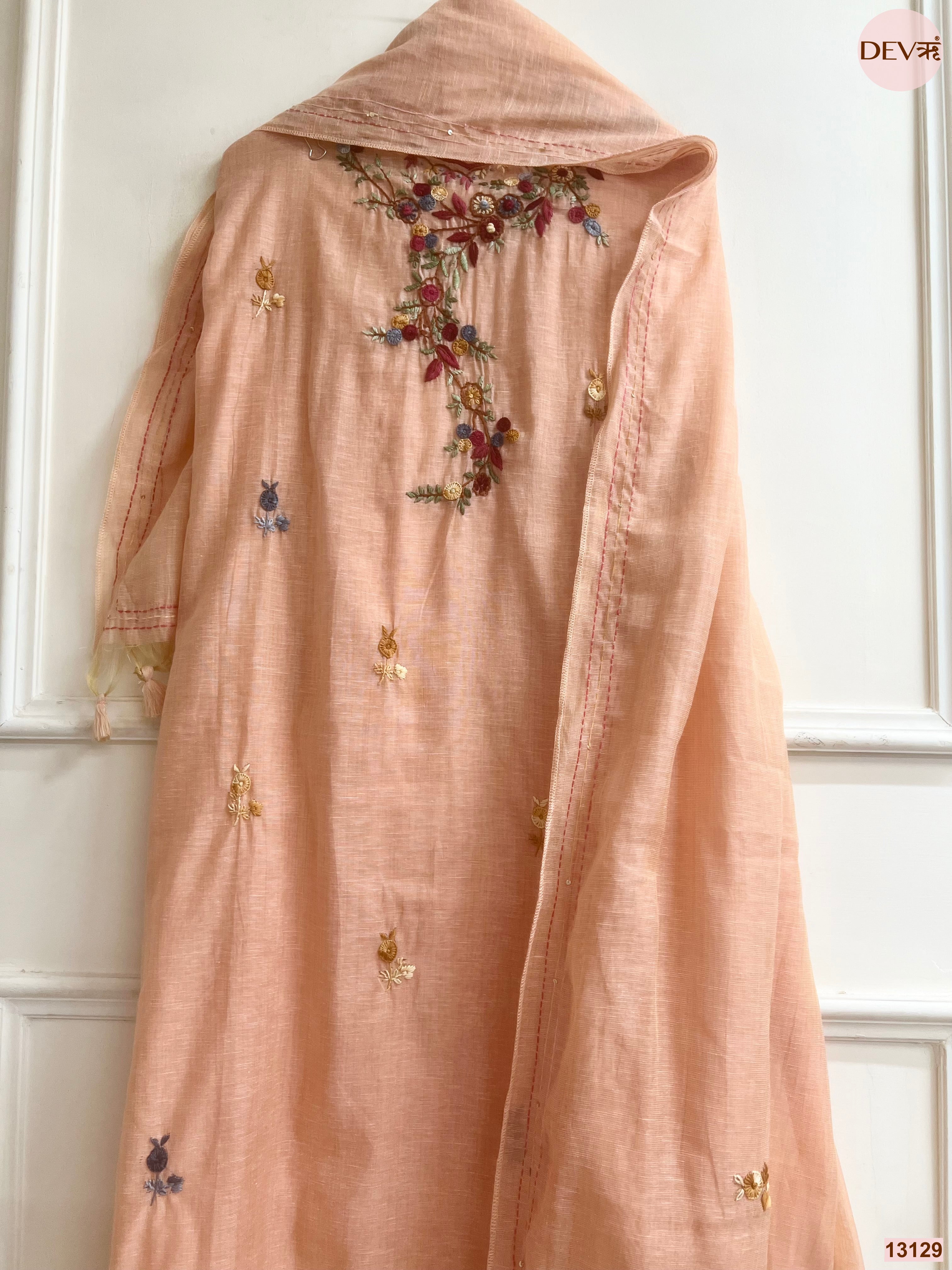 Peach Jamdani Cotton Embroidered Unstitched 3-Piece Suit (Devri – D.No 13129)