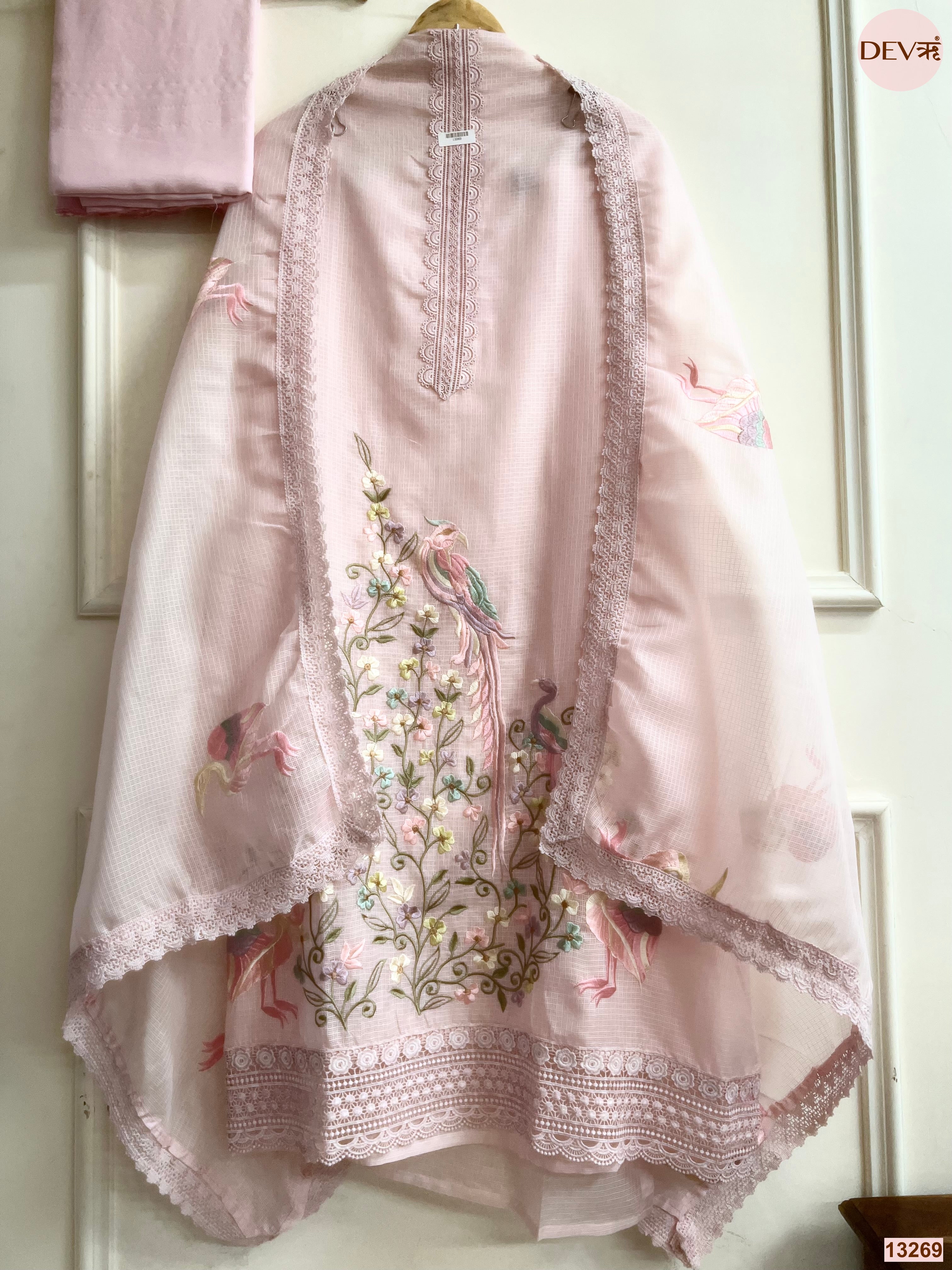 Pink Kota Cotton Embroidered Unstitched 3-Piece Suit (Devri – D.No 13269)