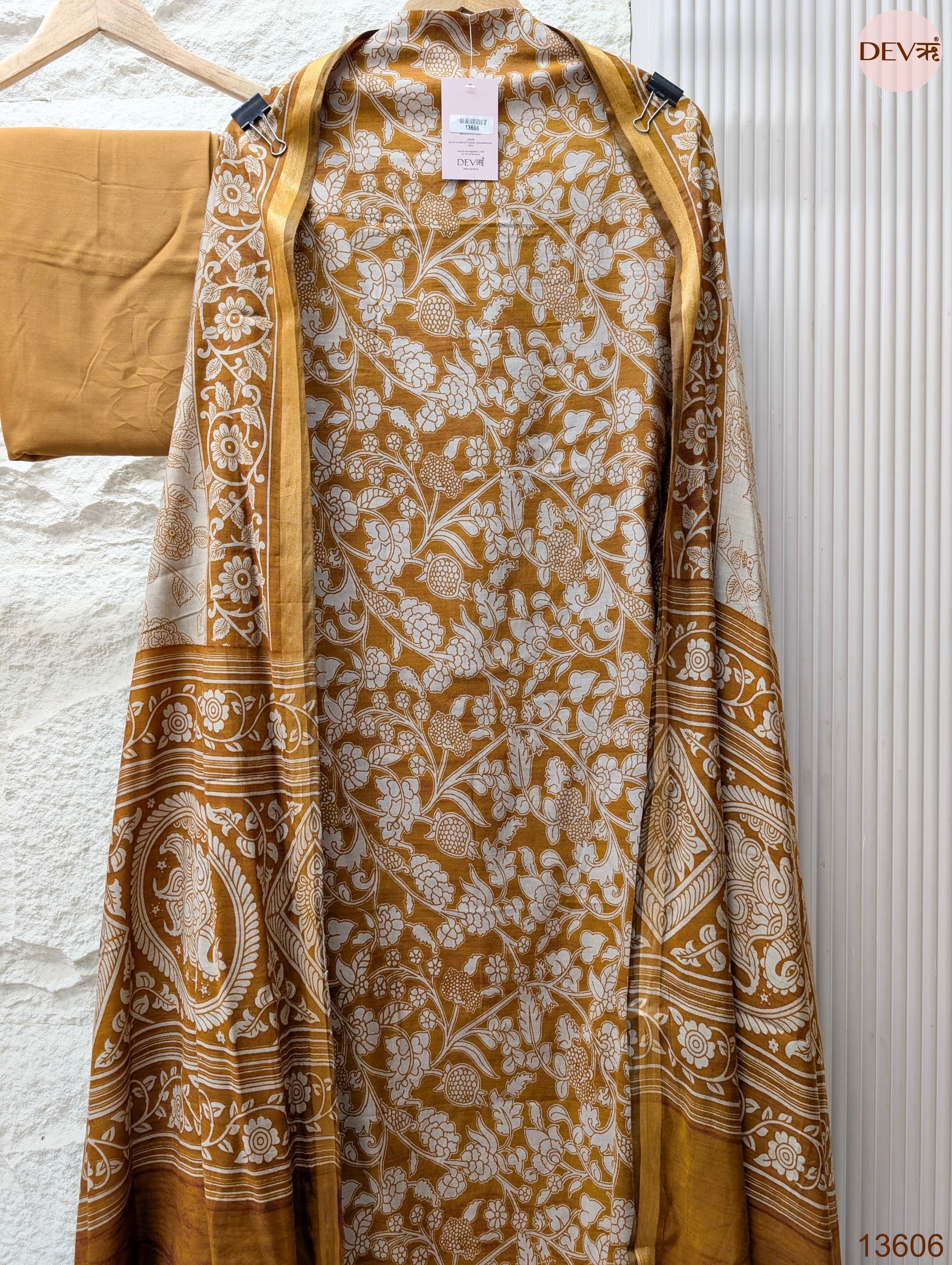 Mustard Maheshwari Silk Printed Unstitched 3-Piece Suit (Devri – D.No 13606)