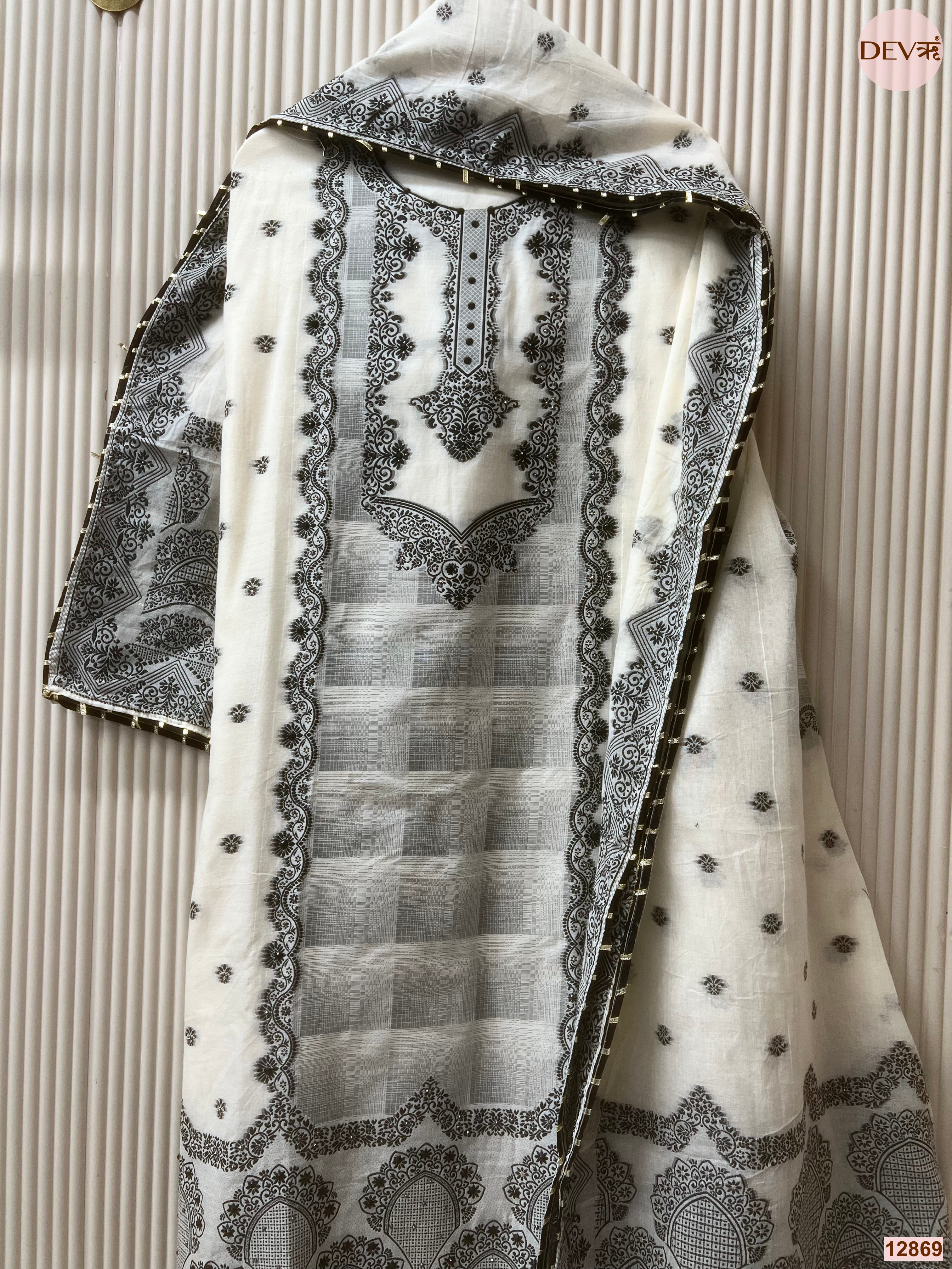 White Jamdani Cotton Printed Unstitched 3-Piece Suit (Devri – D.No 12869)