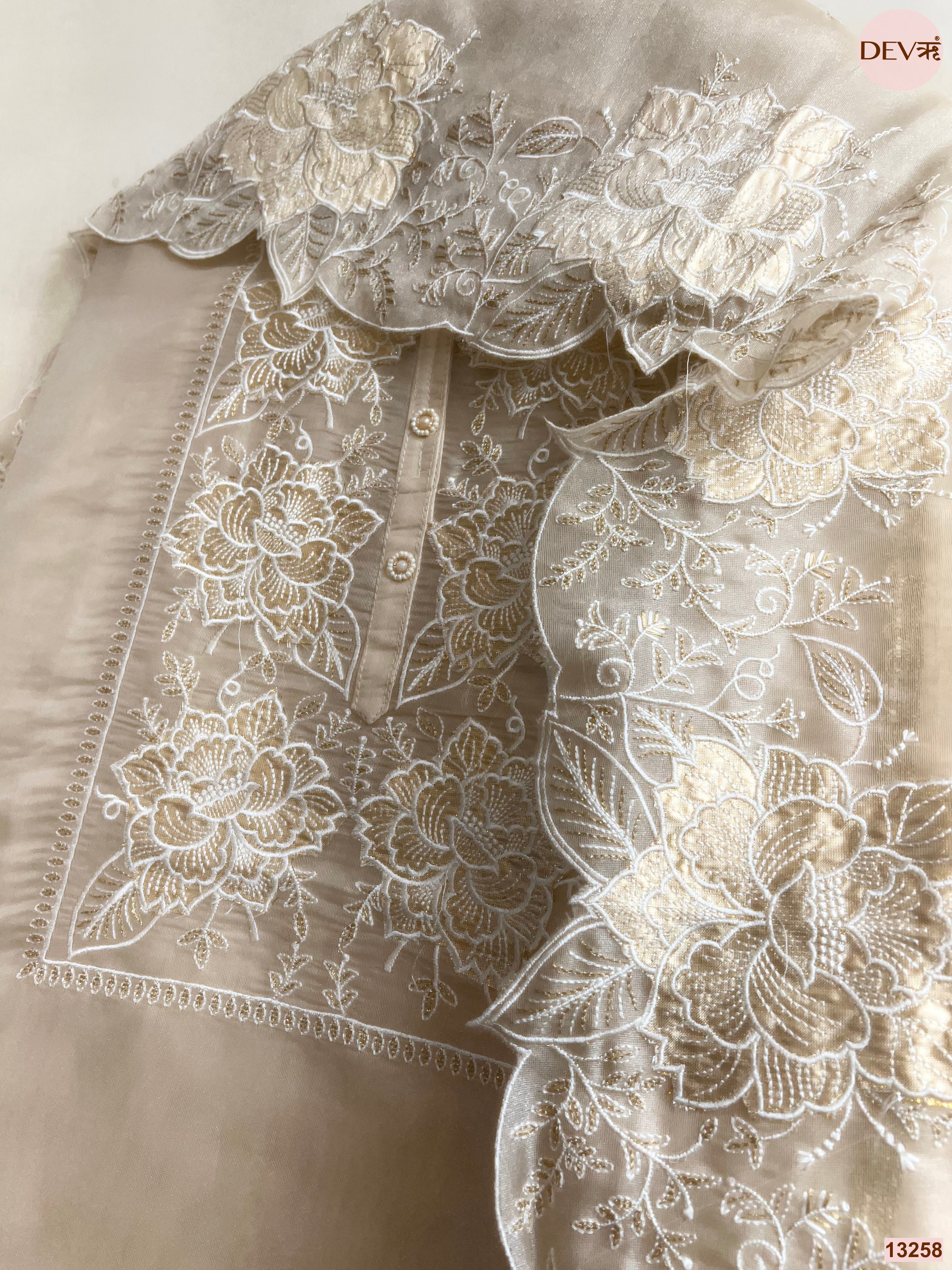Beige Tissue Shimmer Silk Embroidered Unstitched 3-Piece Suit (Devri – D.No 13258)