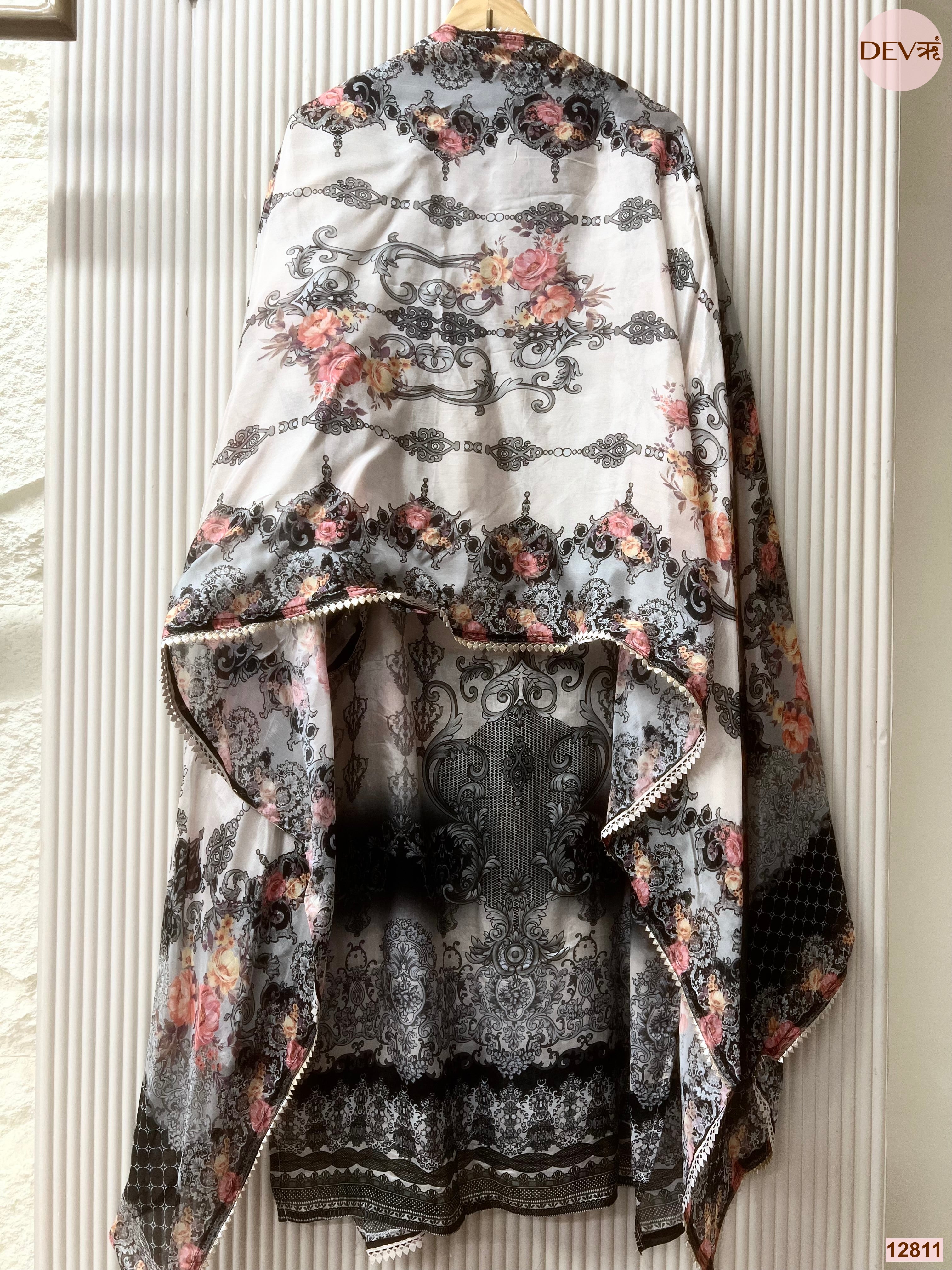 Grey Glass Organza Silk Printed Unstitched 3-Piece Suit (Devri – D.No 12811)