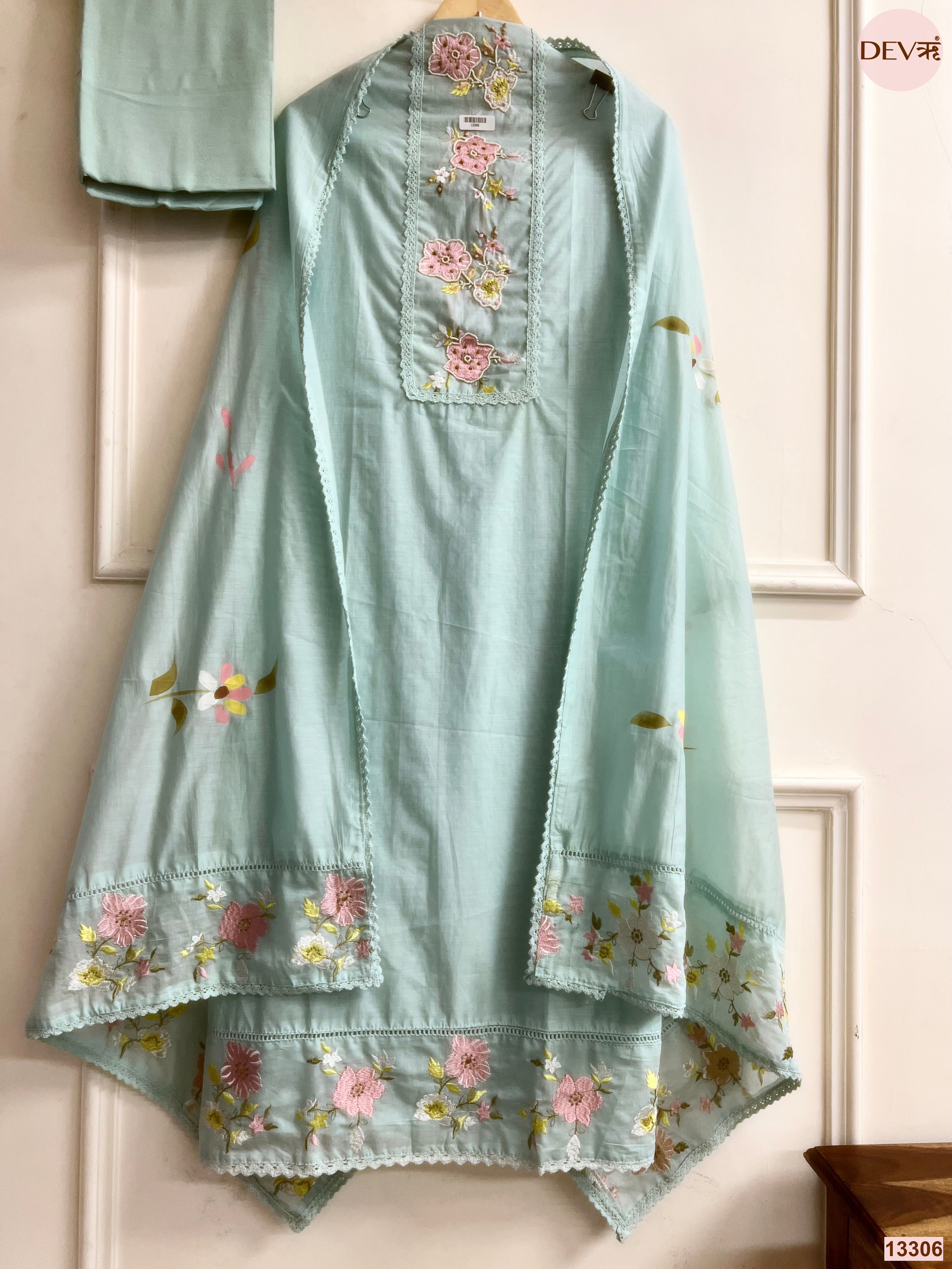 Mint Mul Cotton Embroidered Unstitched 3-Piece Suit (Devri – D.No 13306)
