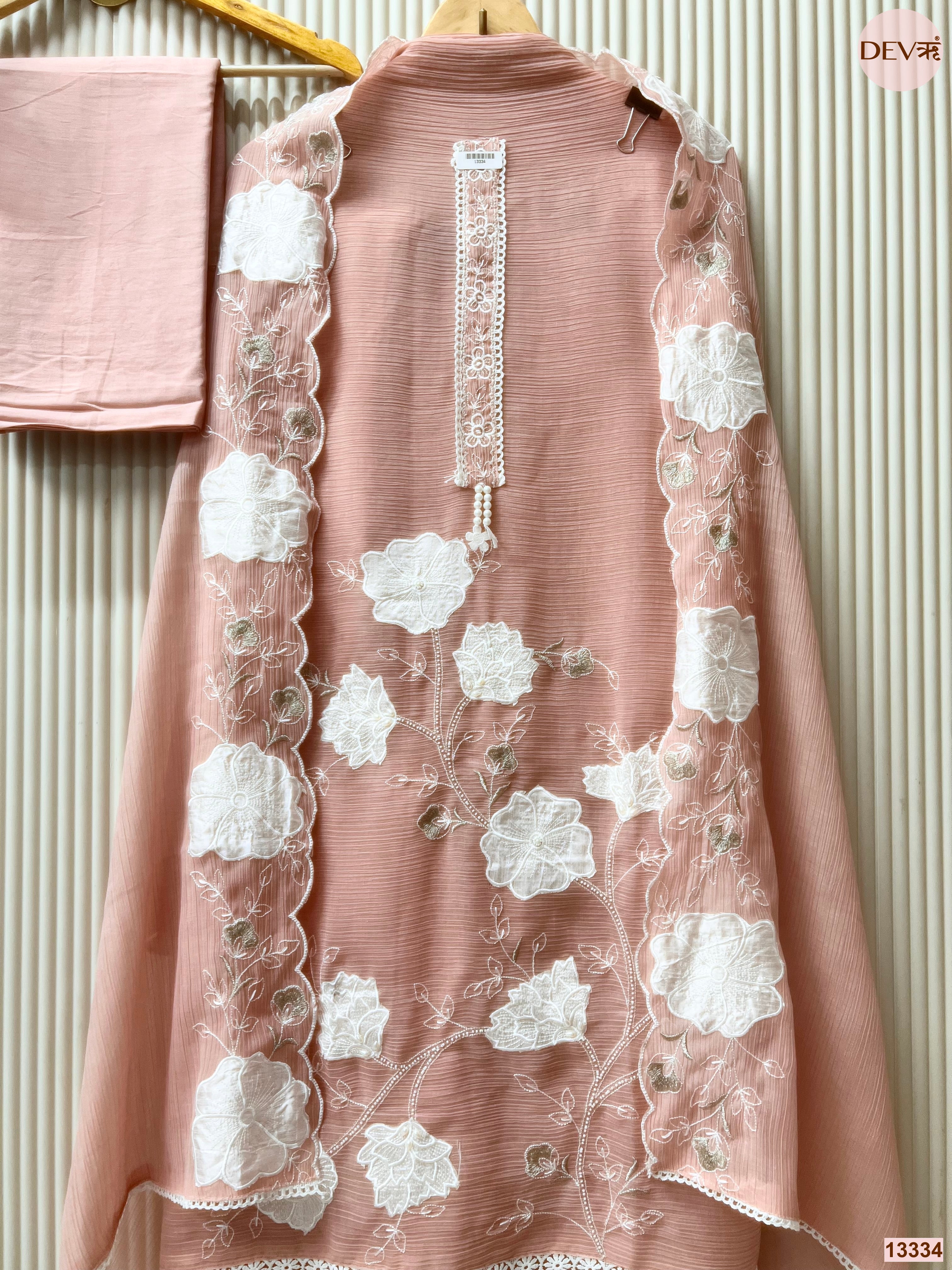 Peach Mul Chanderi Crush Embroidered Unstitched 3-Piece Suit (Devri – D.No 13334)