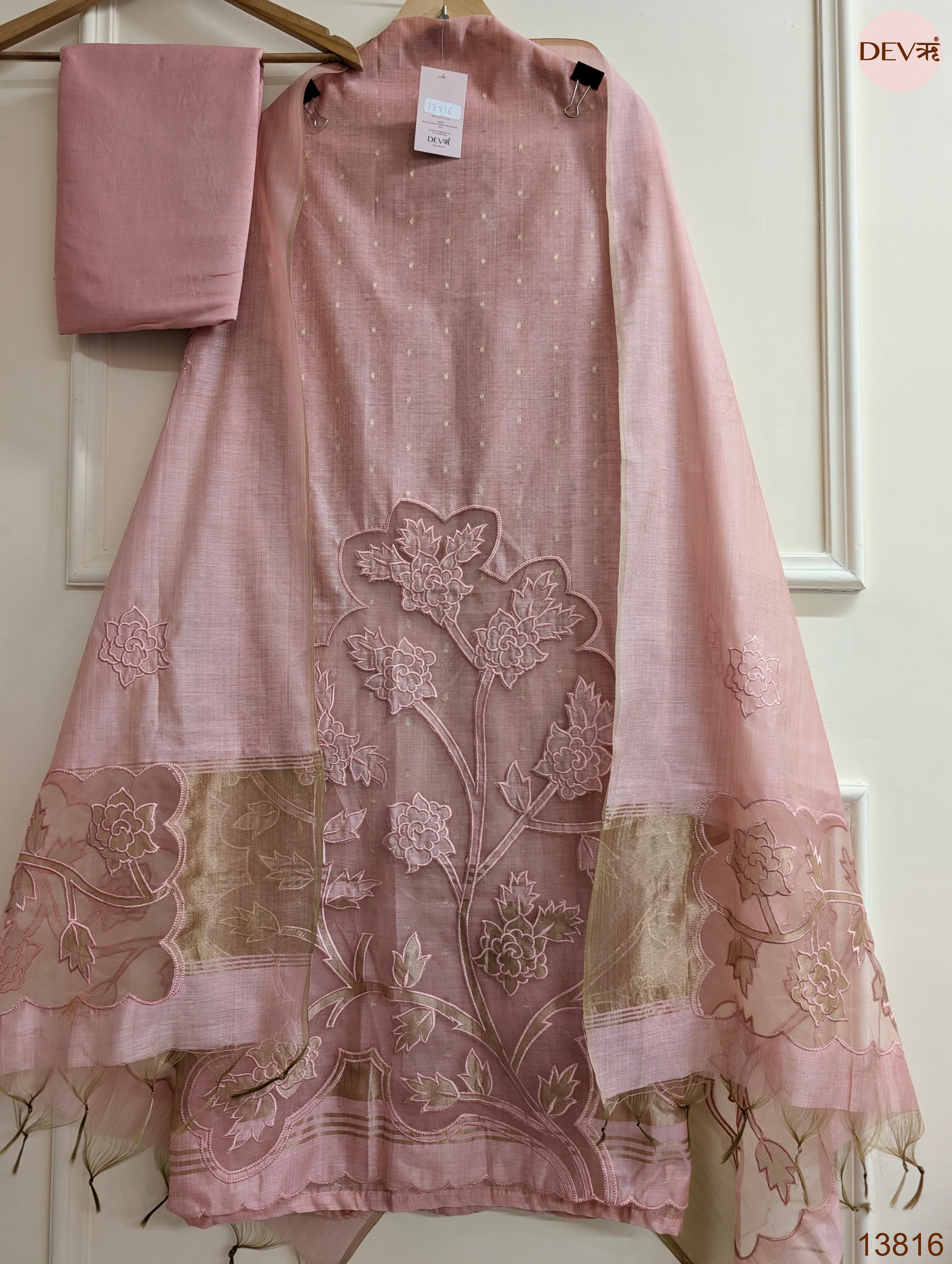 Pink Mul Chanderi Embroidered Unstitched 3-Piece Suit (Devri – D.No 13816)