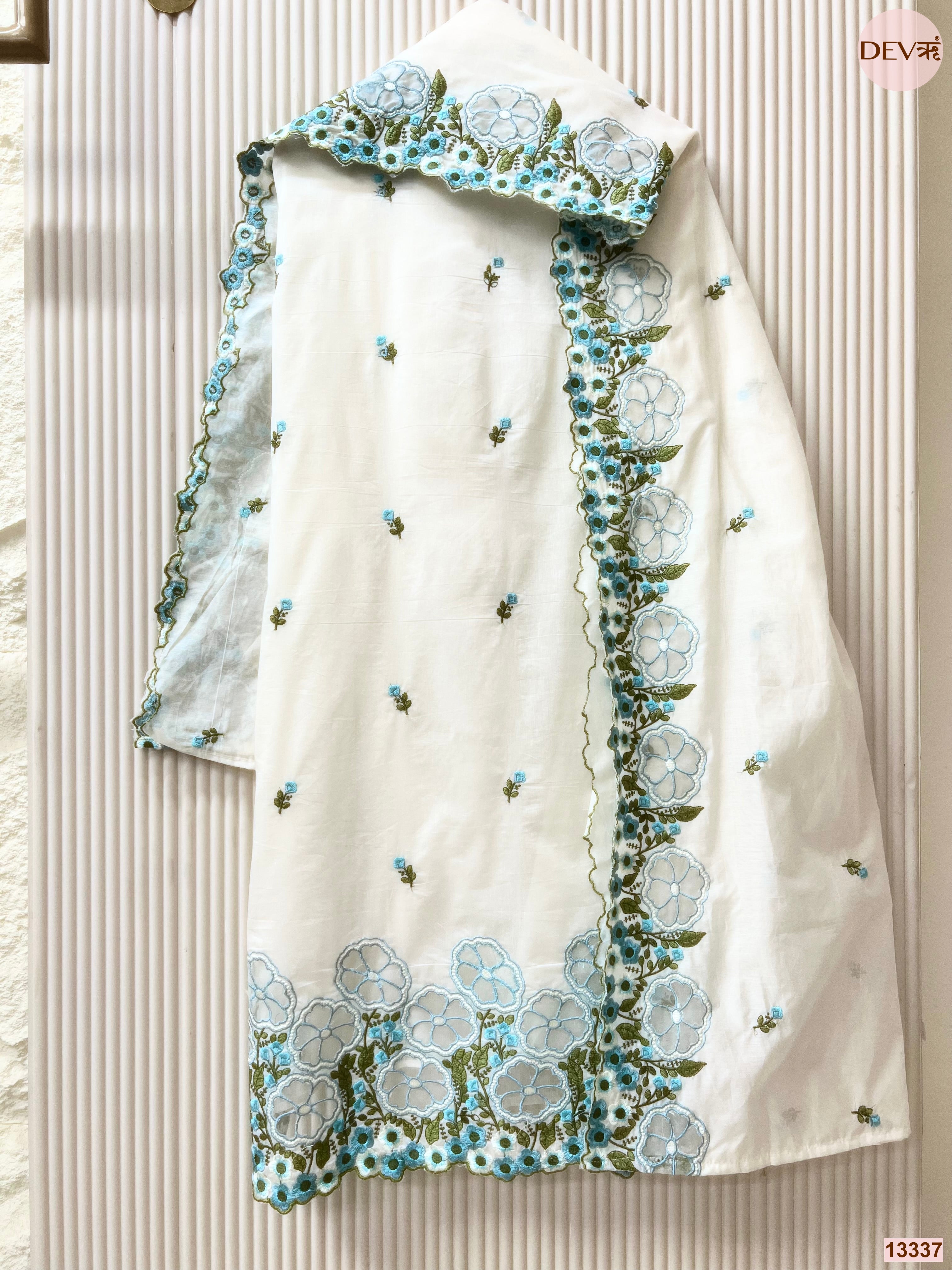 White Mul Chanderi Embroidered Unstitched 3-Piece Suit (Devri – D.No 13337)