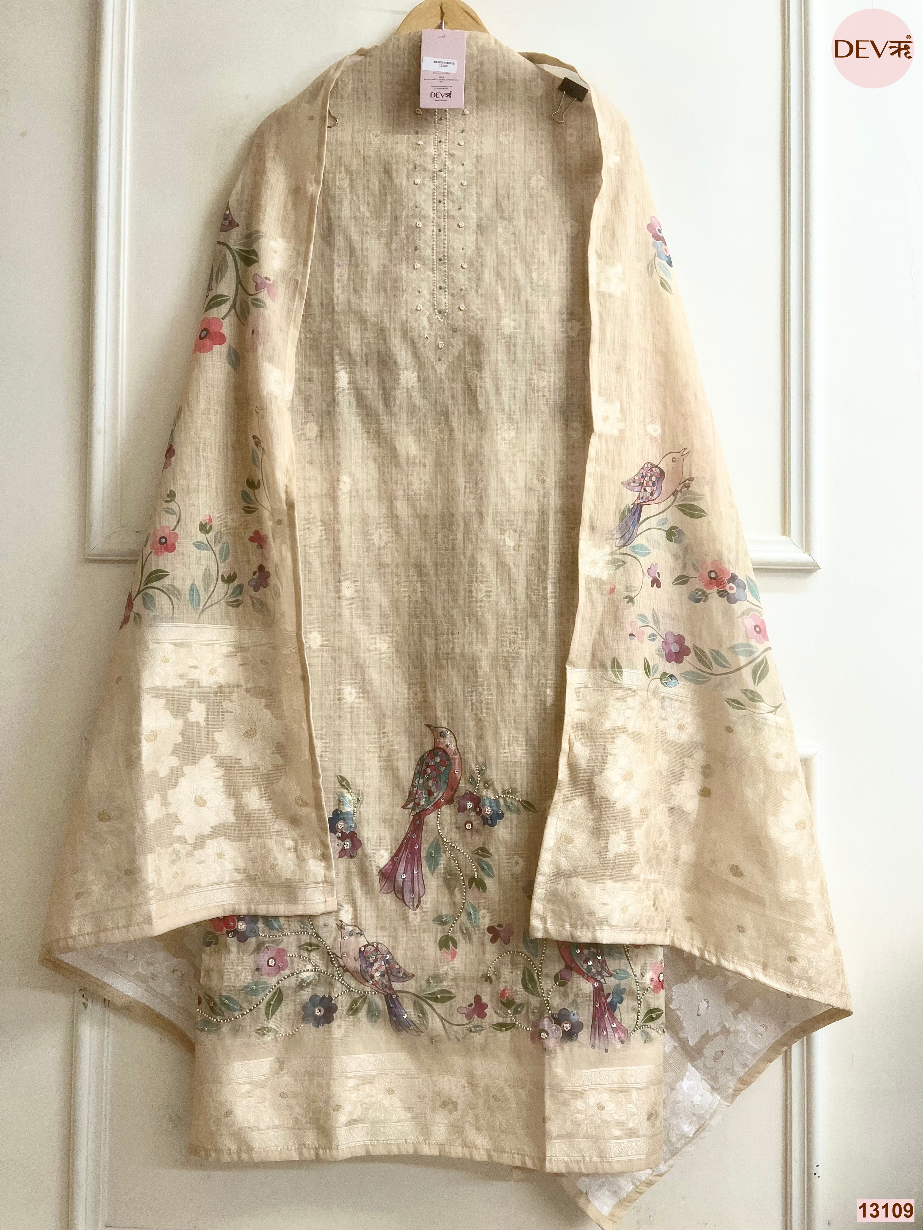Beige Linen Cotton Printed Unstitched 3-Piece Suit (Devri – D.No 13109)