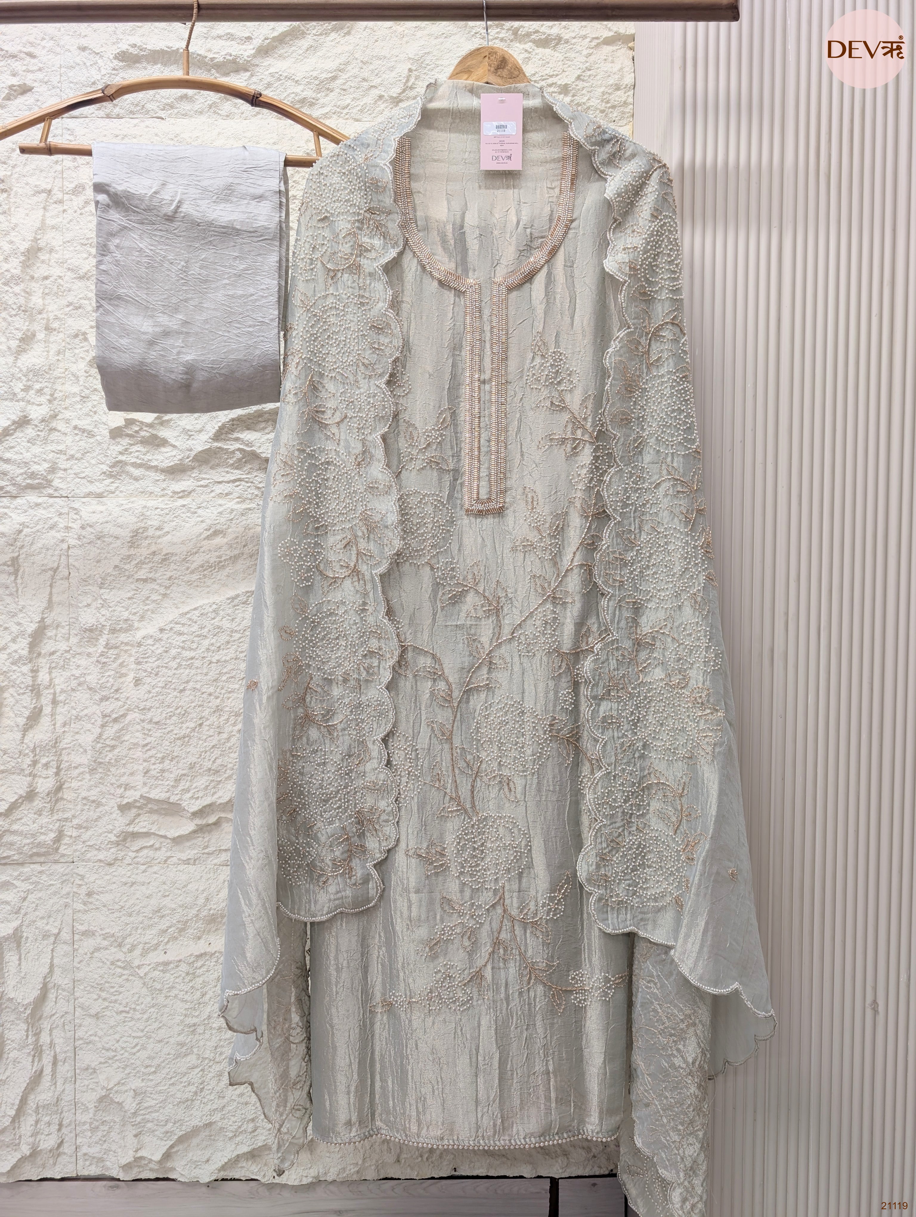 Grey Pure Tissue Crush Silk Embroidered Unstitched 3-Piece Suit (Devri – D.No 21119)