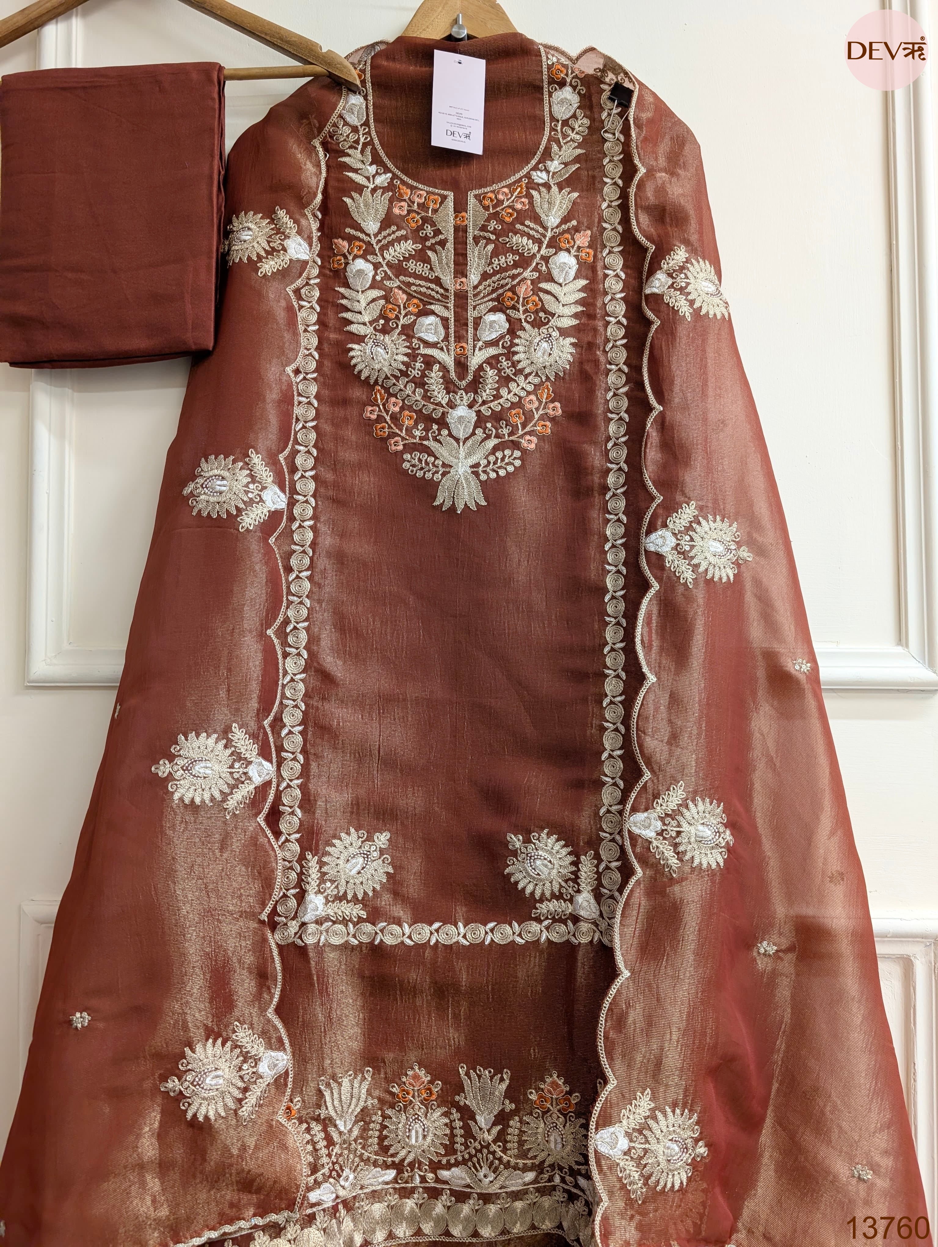 Brown Pure Tissue Silk Embroidered Unstitched 3-Piece Suit (Devri – D.No 13760)