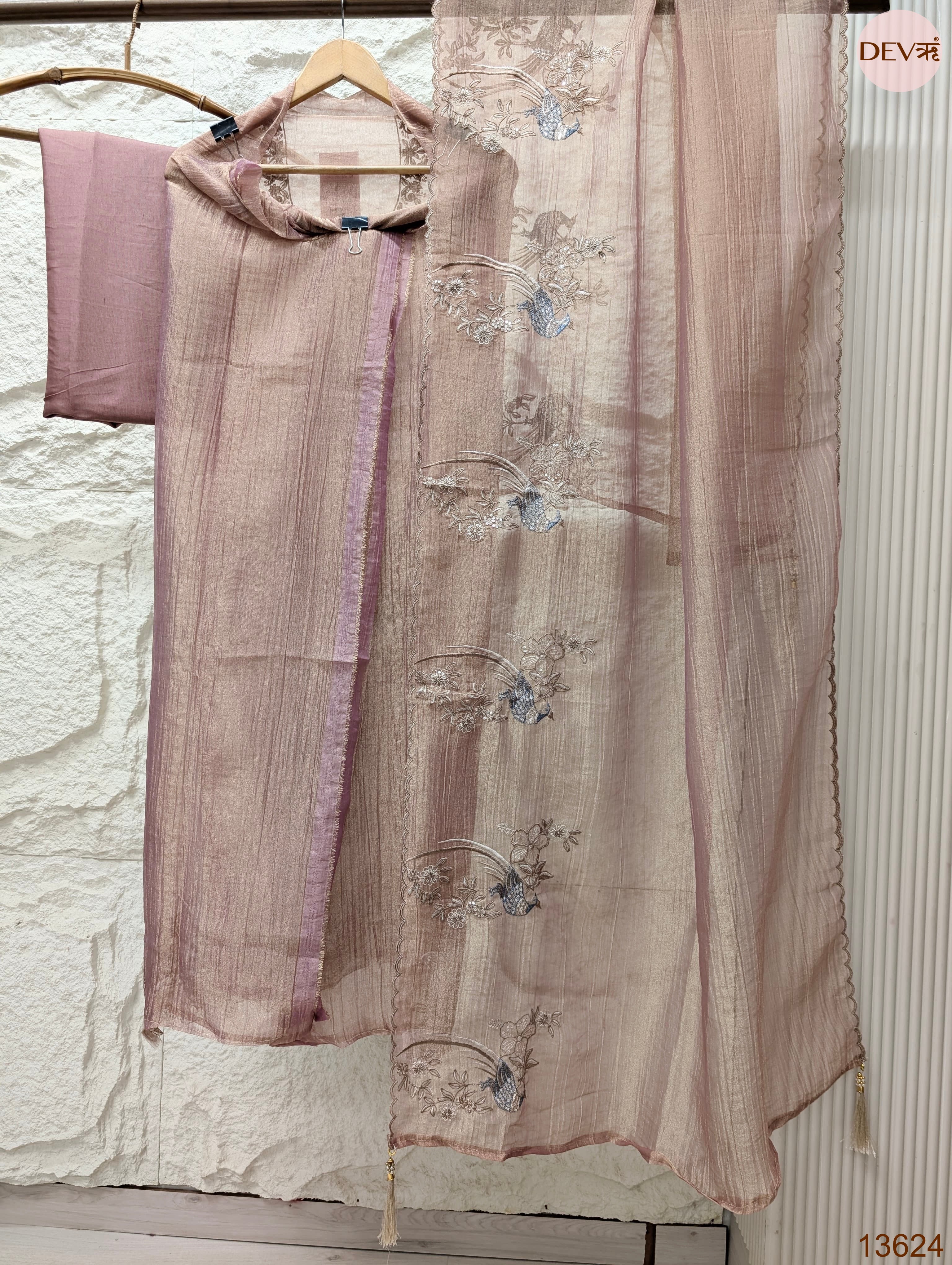 Pink Tissue Crush Silk Embroidered Unstitched 3-Piece Suit (Devri – D.No 13624)