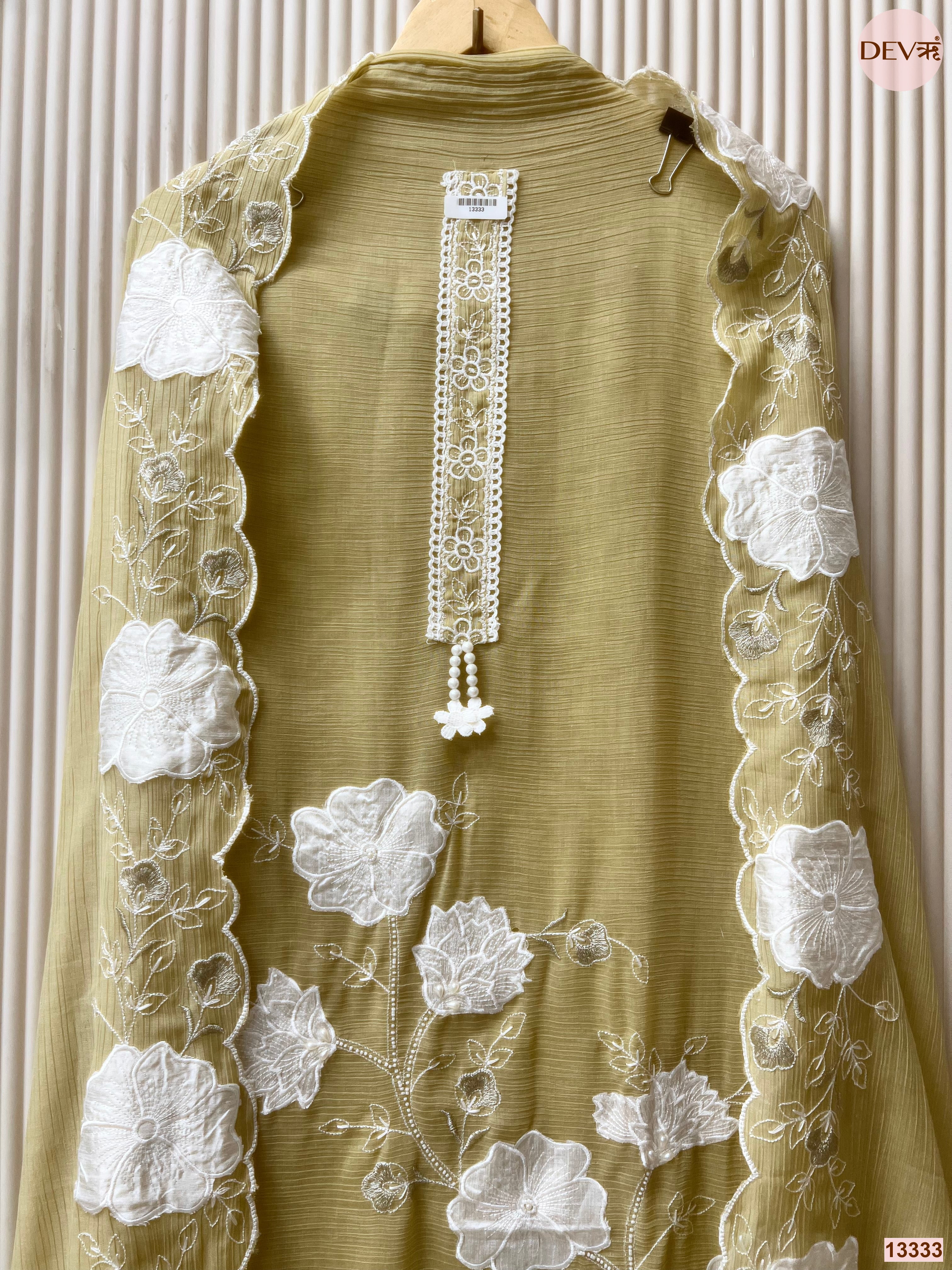 Olive Mul Chanderi Crush Embroidered Unstitched 3-Piece Suit (Devri – D.No 13333)