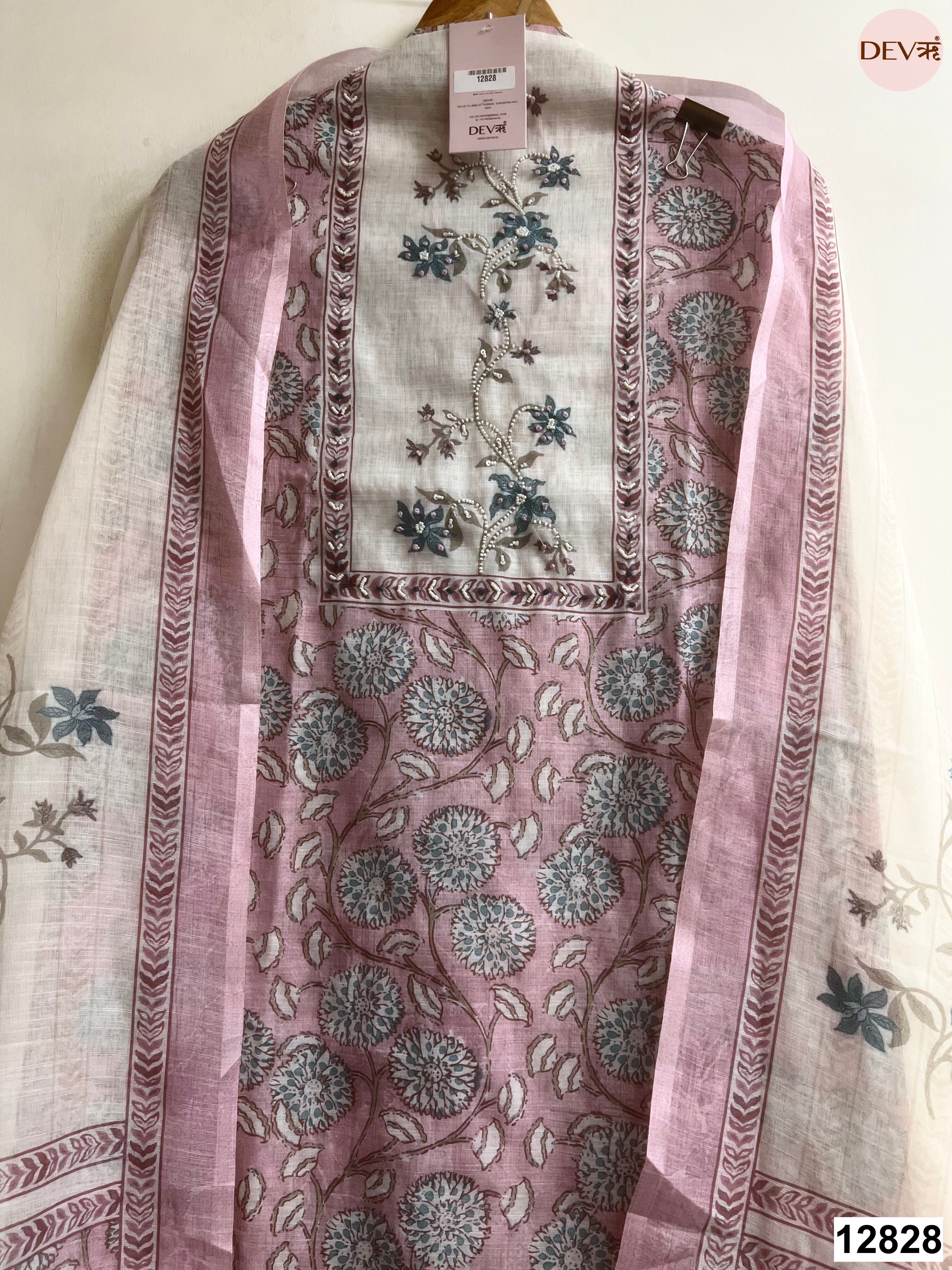Pink Linen Cotton Printed Unstitched 3-Piece Suit (Devri – D.No 12828)