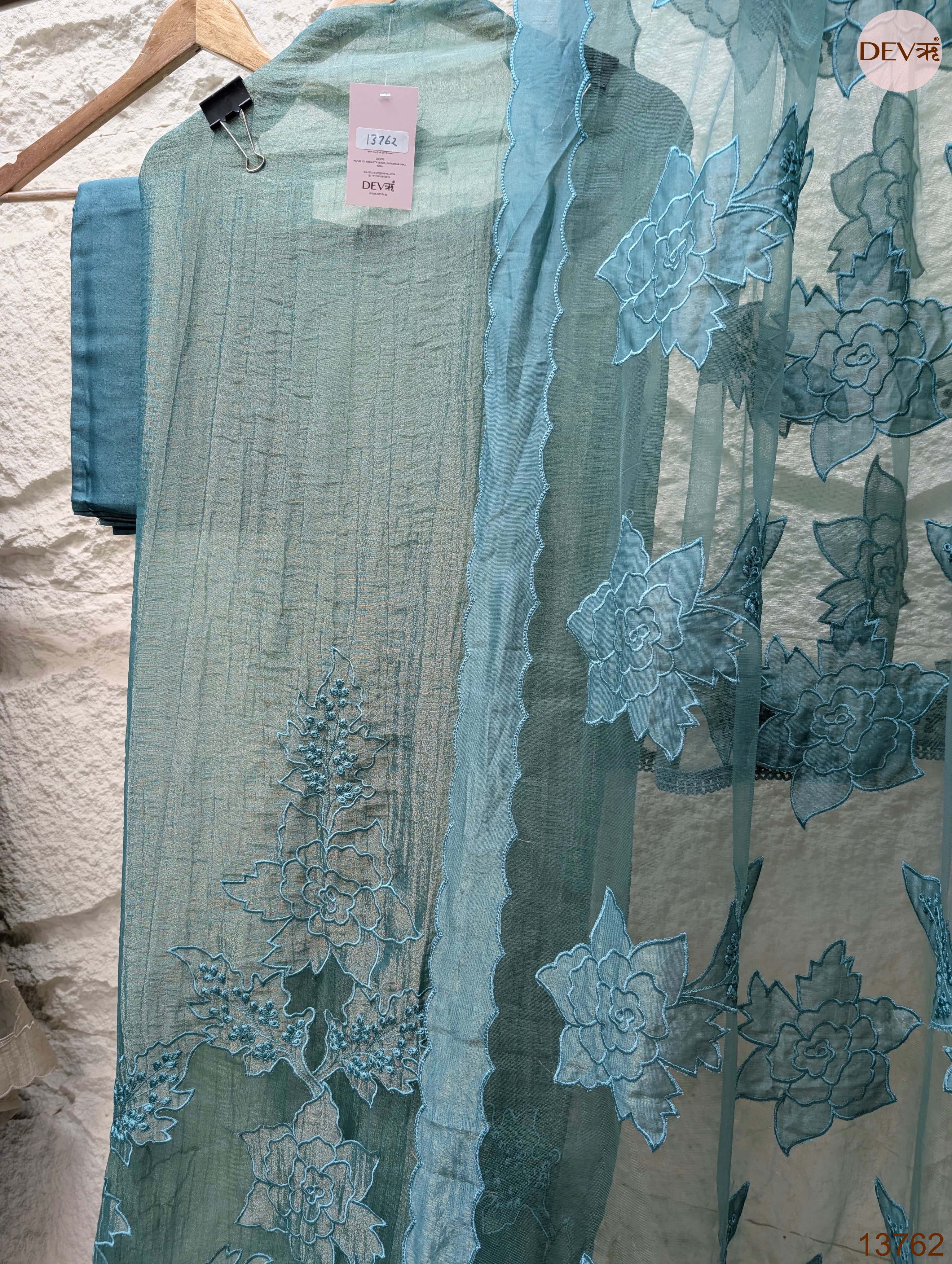 Teal Tissue Silk Embroidered Unstitched 3-Piece Suit (Devri – D.No 13762)